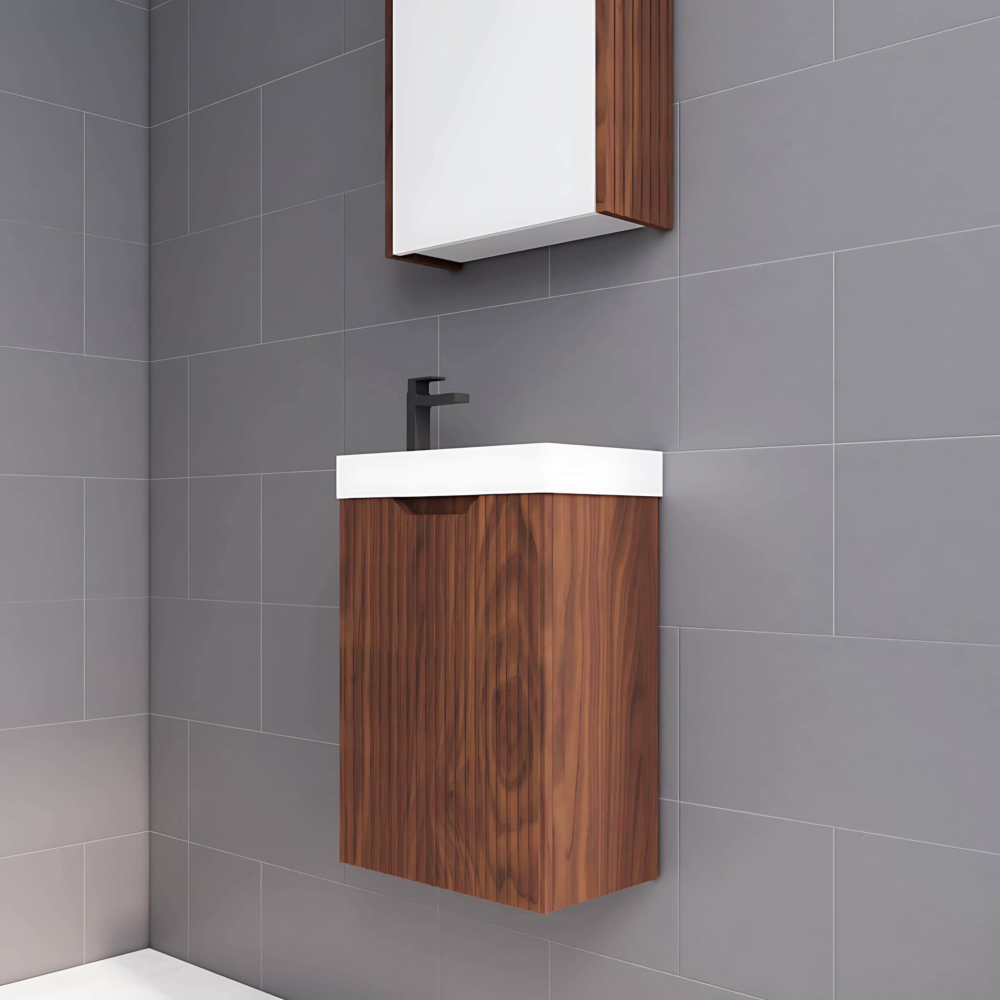 RIVA VIENNA BROWN OAK 450MM SPACE SAVING SINGLE BOWL WALL HUNG VANITY