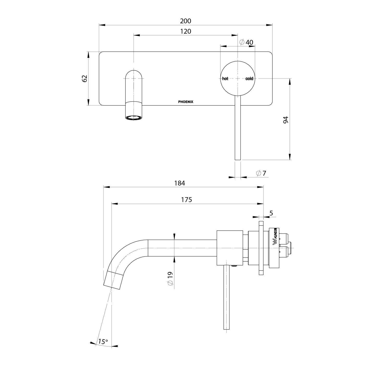 PHOENIX VIVID SLIMLINE SWITCHMIX WALL BASIN / BATH MIXER SET FIT-OFF AND ROUGH-IN KIT 180MM CHROME