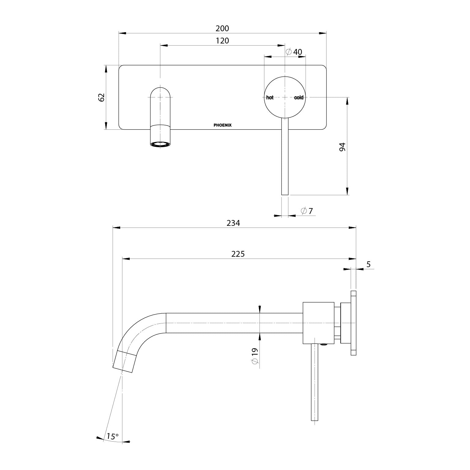 PHOENIX VIVID SLIMLINE SWITCHMIX WALL BASIN / BATH MIXER SET FIT-OFF AND ROUGH-IN KIT 230MM BRUSHED CARBON