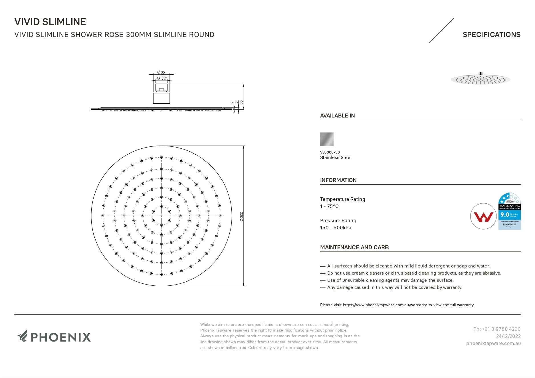 PHOENIX VIVID SLIMLINE SHOWER ROSE SLIMLINE ROUND 300MM CHROME