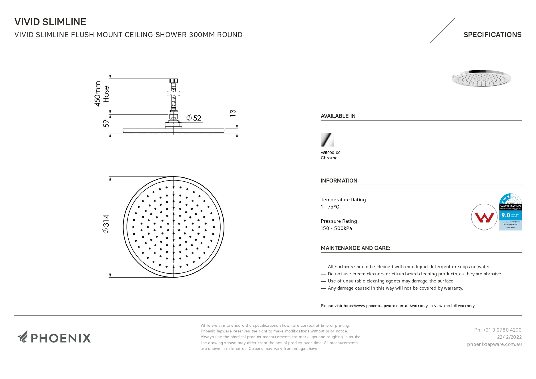 PHOENIX VIVID SLIMLINE FLUSH MOUNT CEILING SHOWER ROUND 300MM CHROME