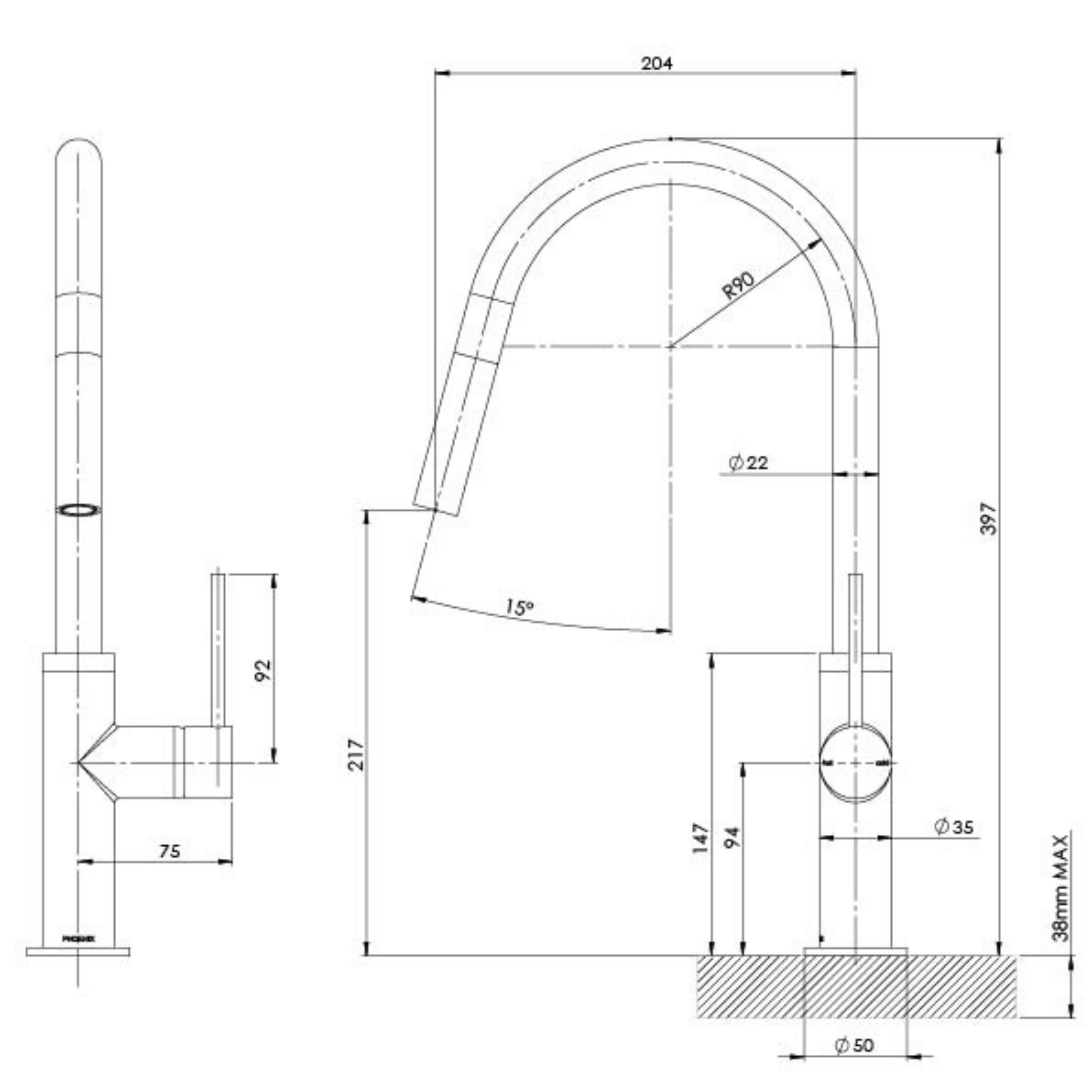 PHOENIX VIVID SLIMLINE PULL OUT SINK MIXER 397MM BRUSHED CARBON