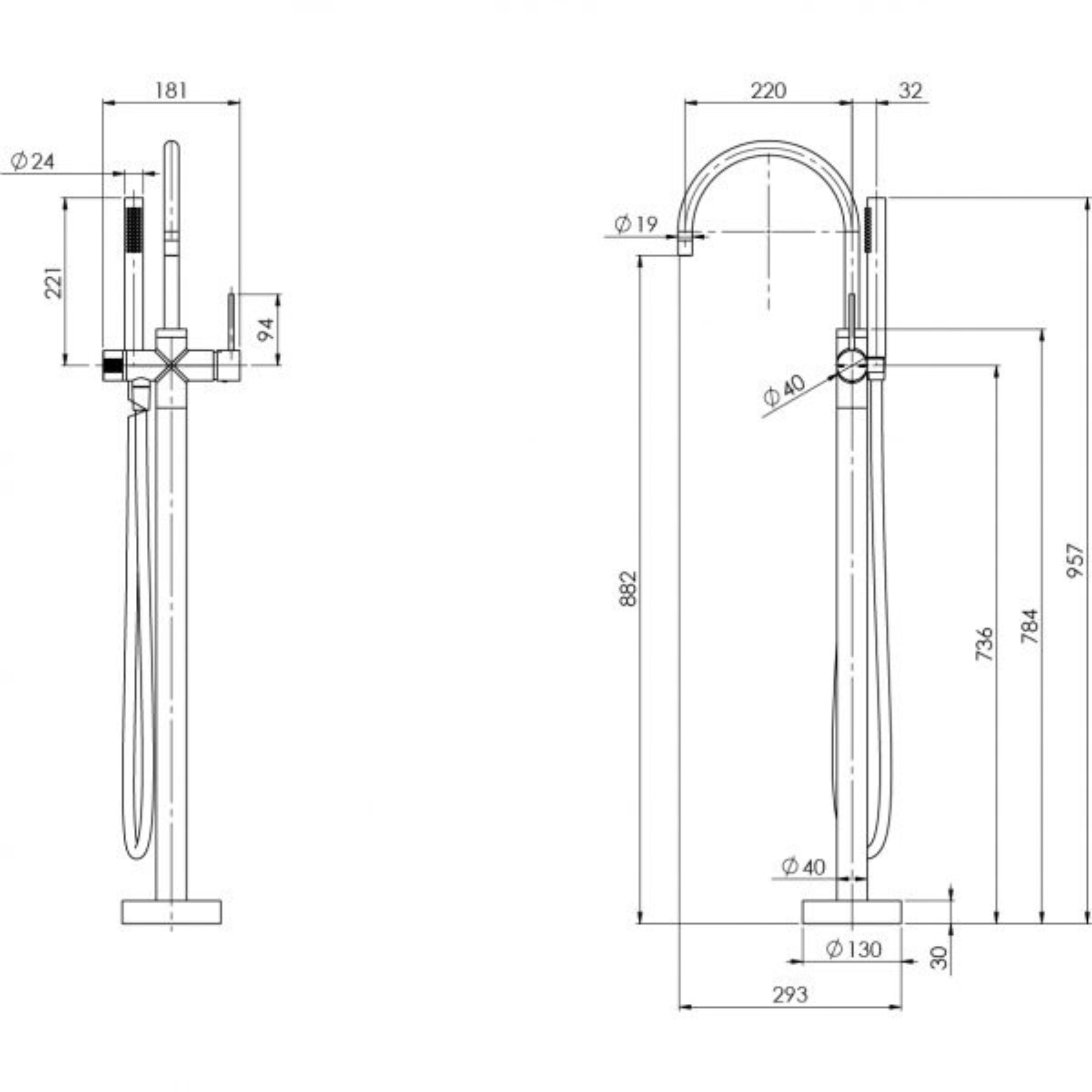 PHOENIX VIVID SLIMLINE FLOOR MOUNTED BATH MIXER WITH HAND SHOWER 957MM BRUSHED CARBON