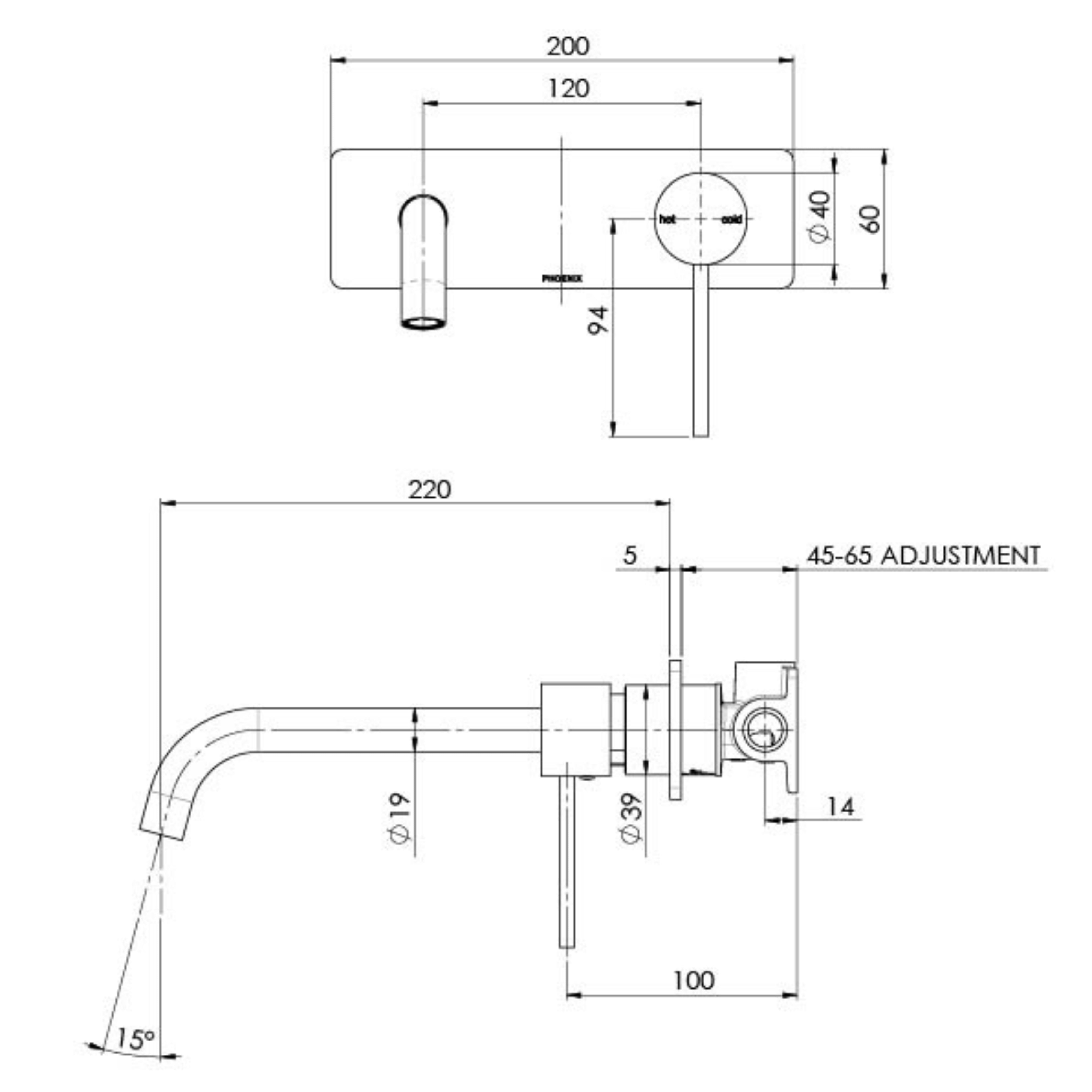 PHOENIX VIVID SLIMLINE WALL BATH MIXER SET 230MM BRUSHED CARBON