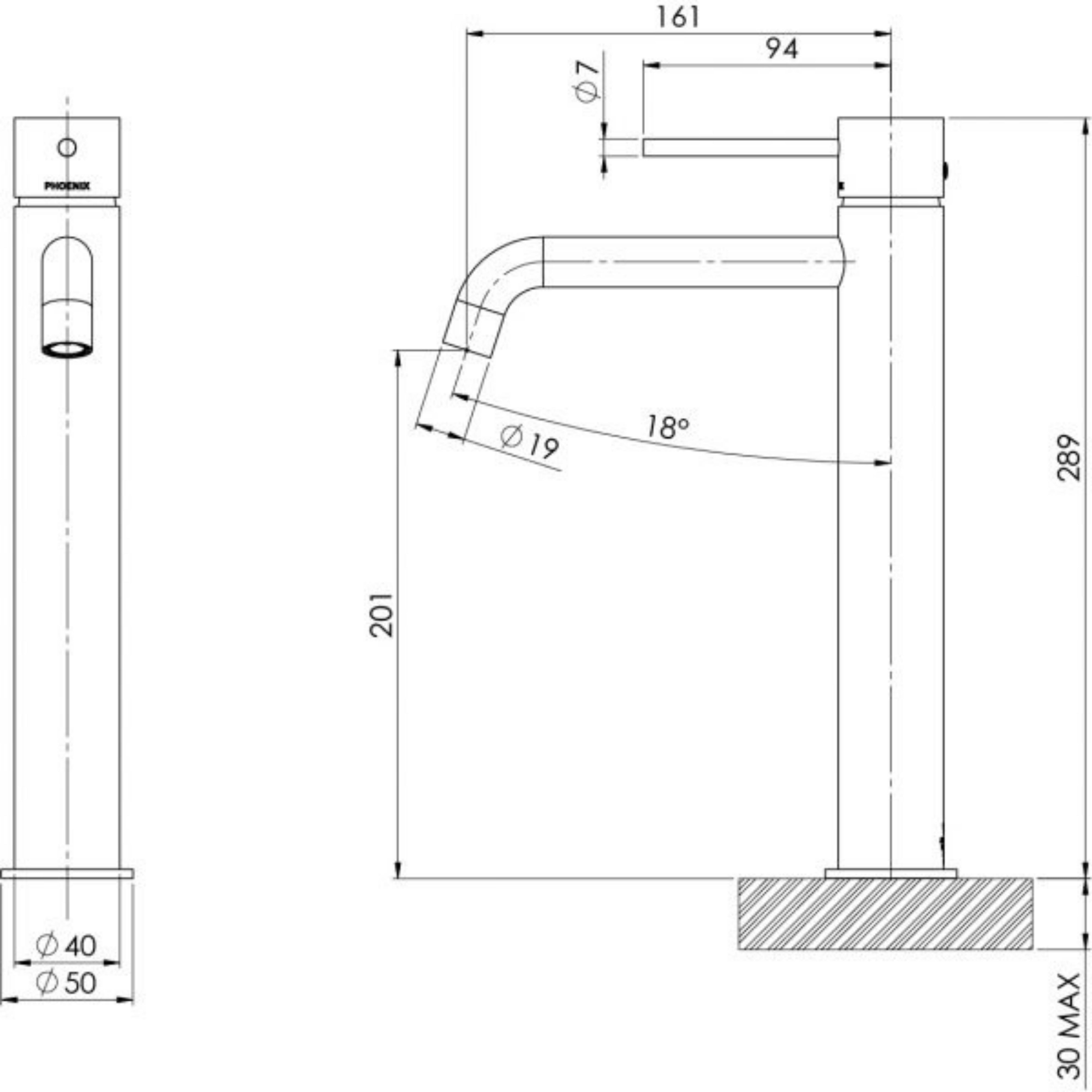 PHOENIX VIVID SLIMLINE VESSEL MIXER OUTLET 289MM BRUSHED CARBON