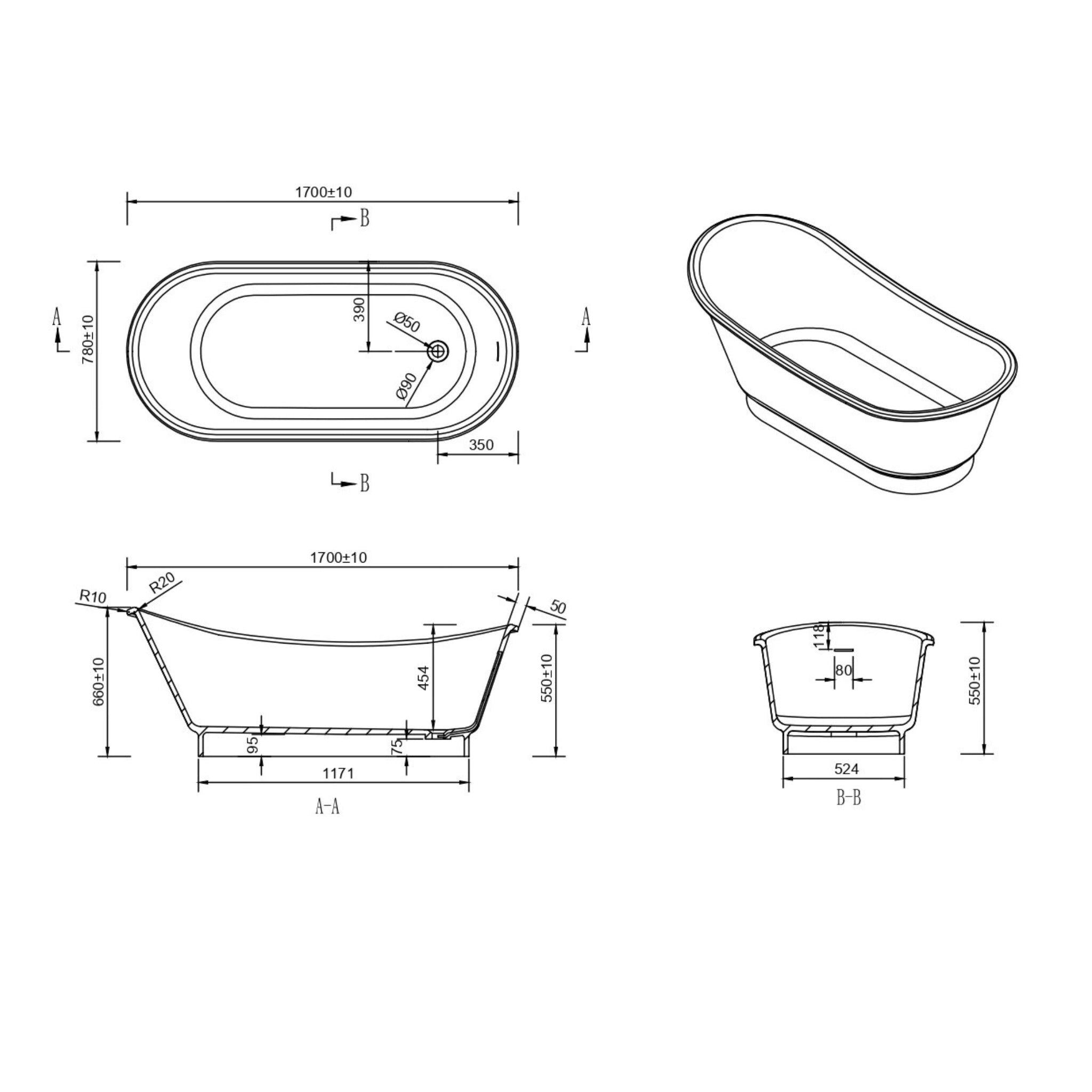 STONEHAVEN NAOMI FREESTANDING STONE BATHTUB MATTE WHITE 1700MM