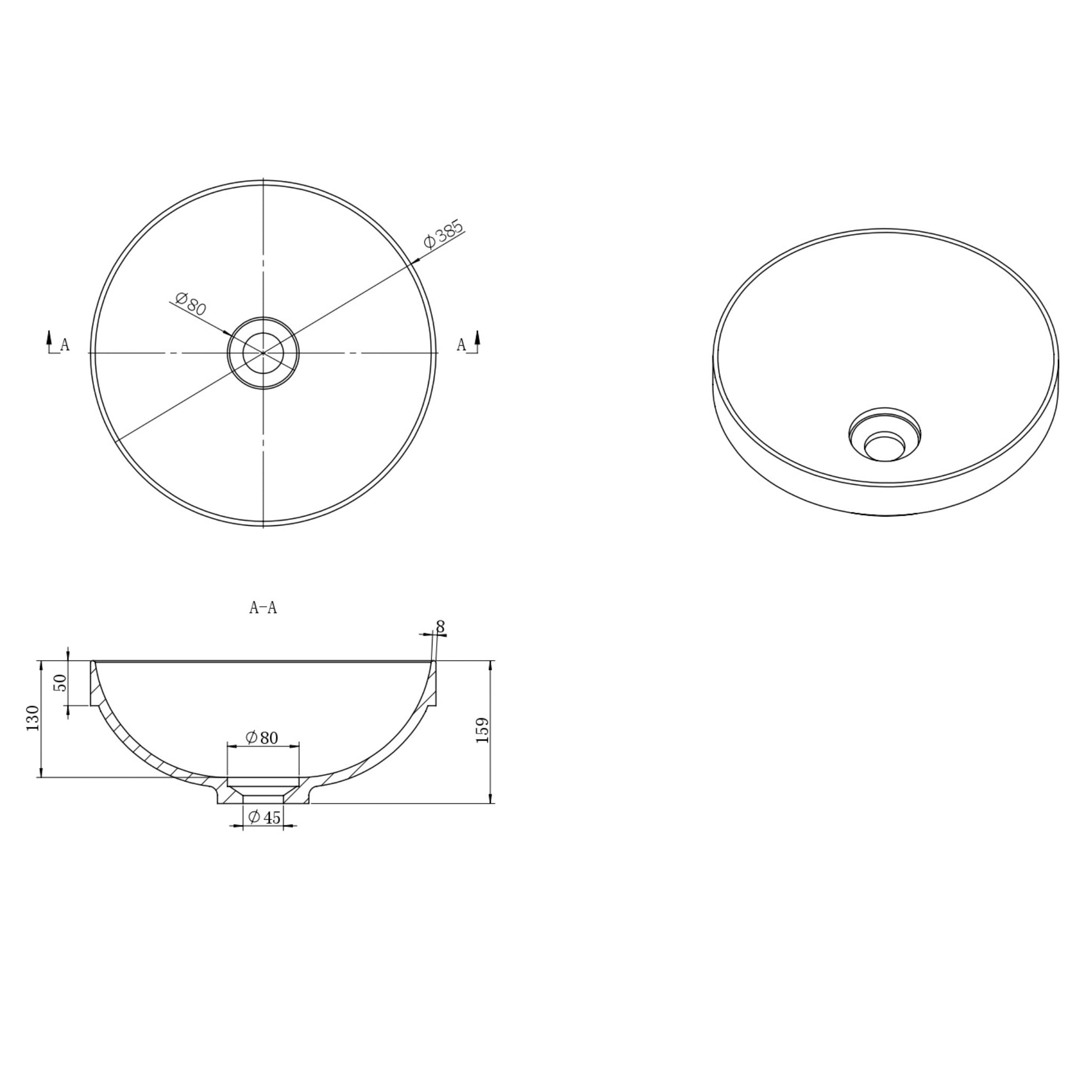 KASKADE ARUNDEL ROUND SEMI INSET STONE BASIN MATTE WHITE 385MM