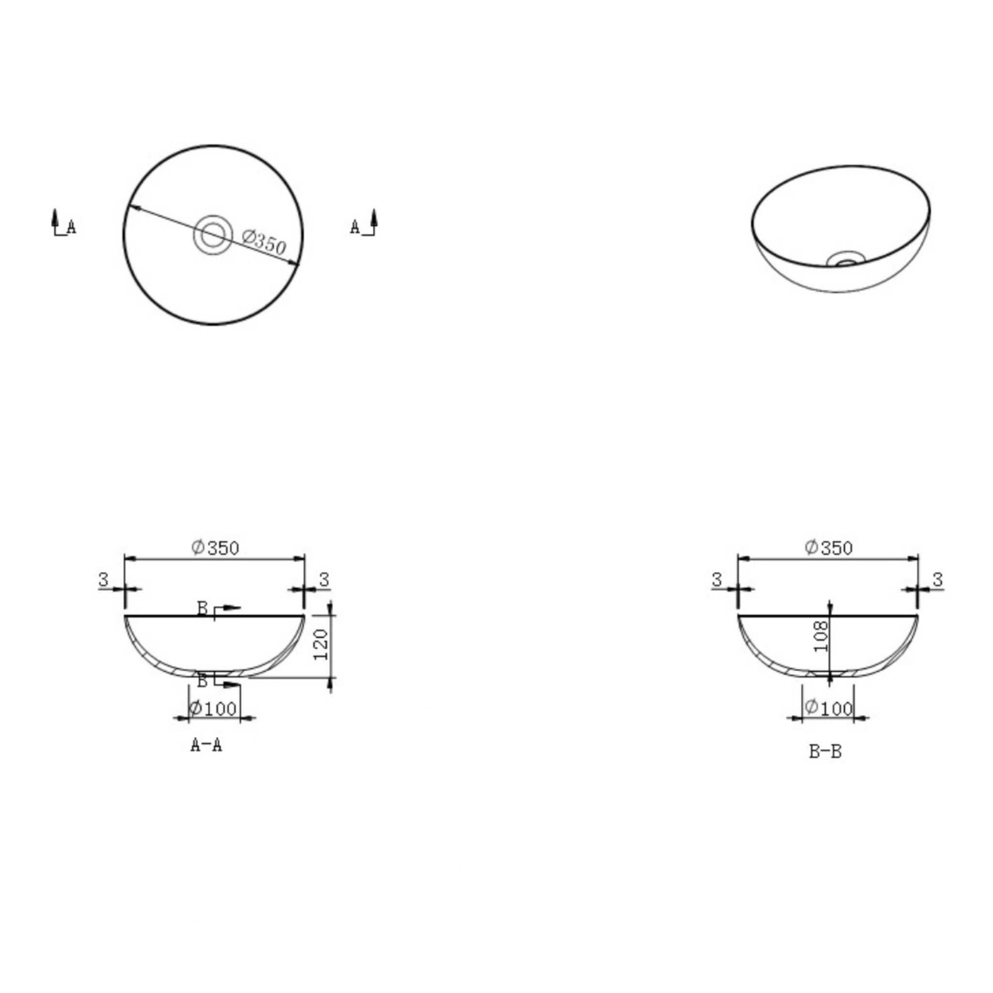 KASKADE VXA22 ROUND ABOVE COUNTER STONE BASIN MATTE WHITE 350MM