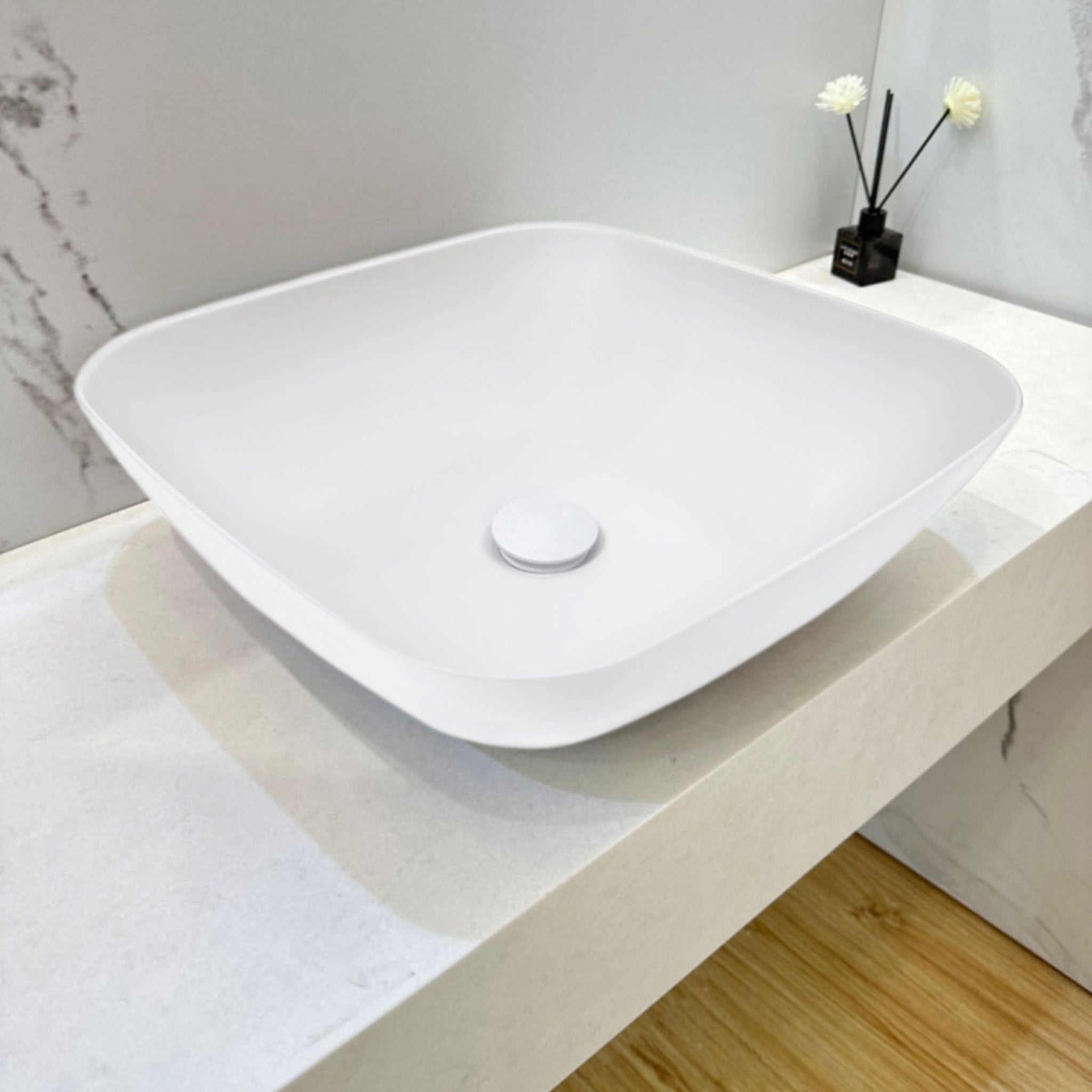 KASKADE VXA23 SQUARE ABOVE COUNTER STONE BASIN MATTE WHITE 400MM