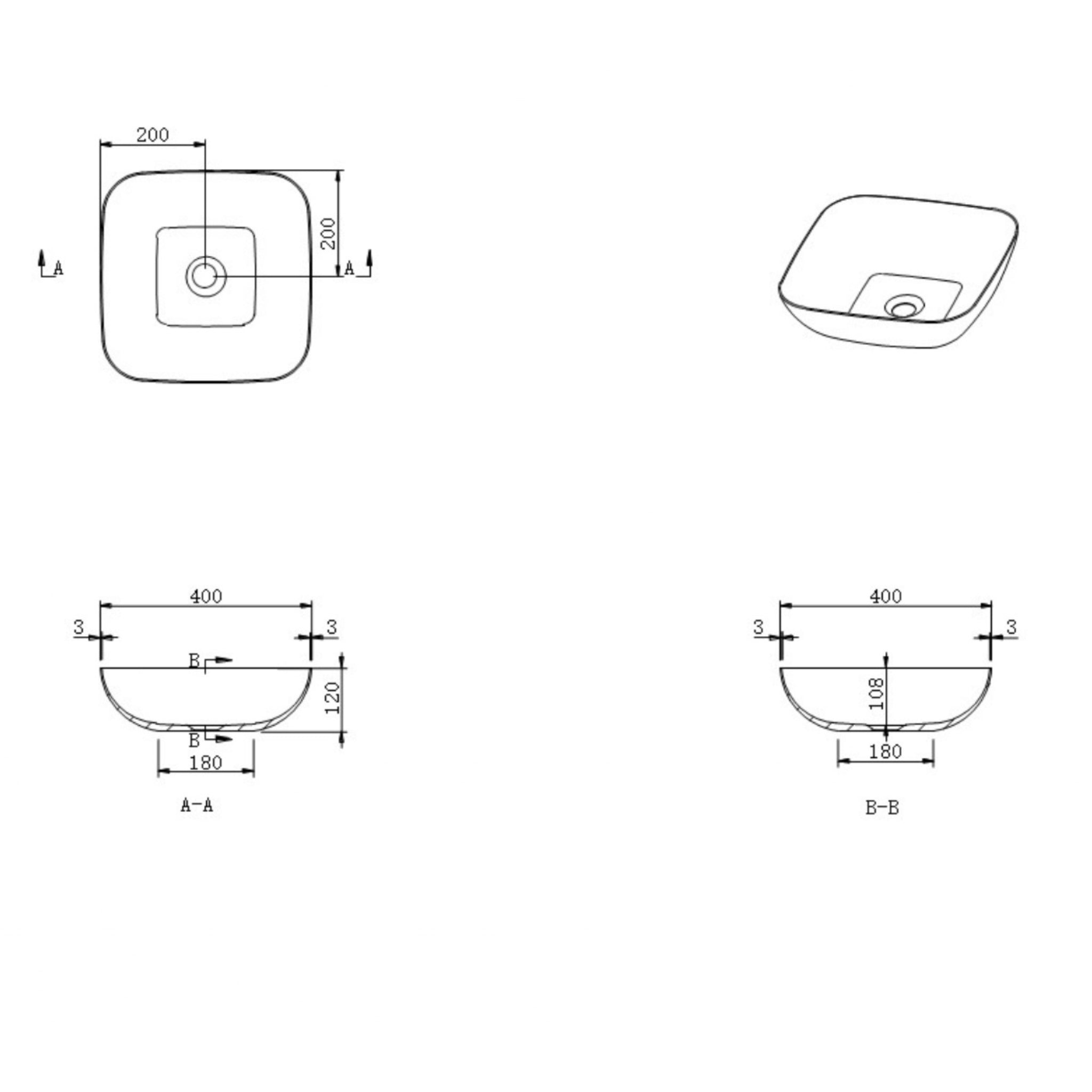 KASKADE VXA23 SQUARE ABOVE COUNTER STONE BASIN MATTE WHITE 400MM