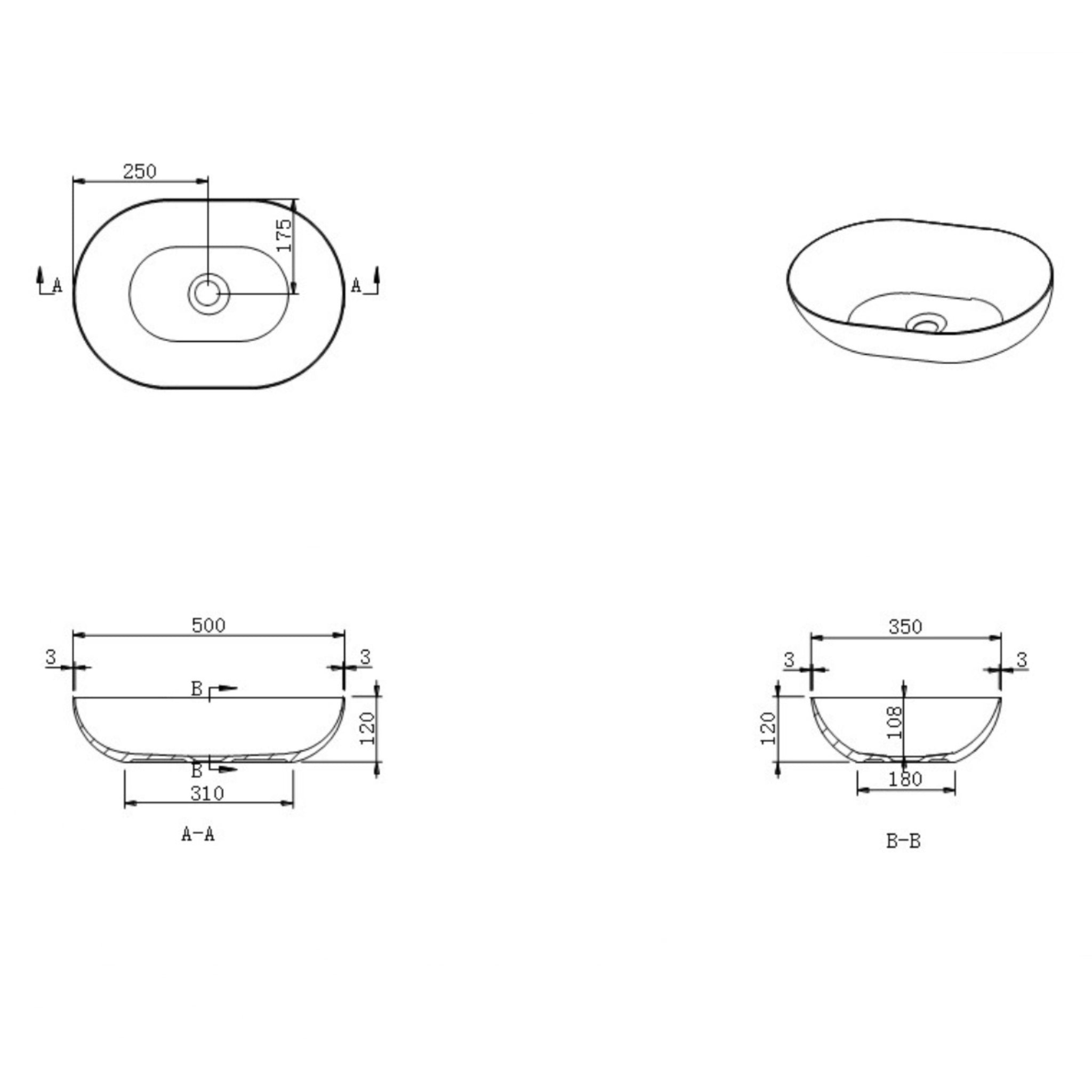 KASKADE VXA24 OVAL ABOVE COUNTER STONE BASIN MATTE WHITE 500MM