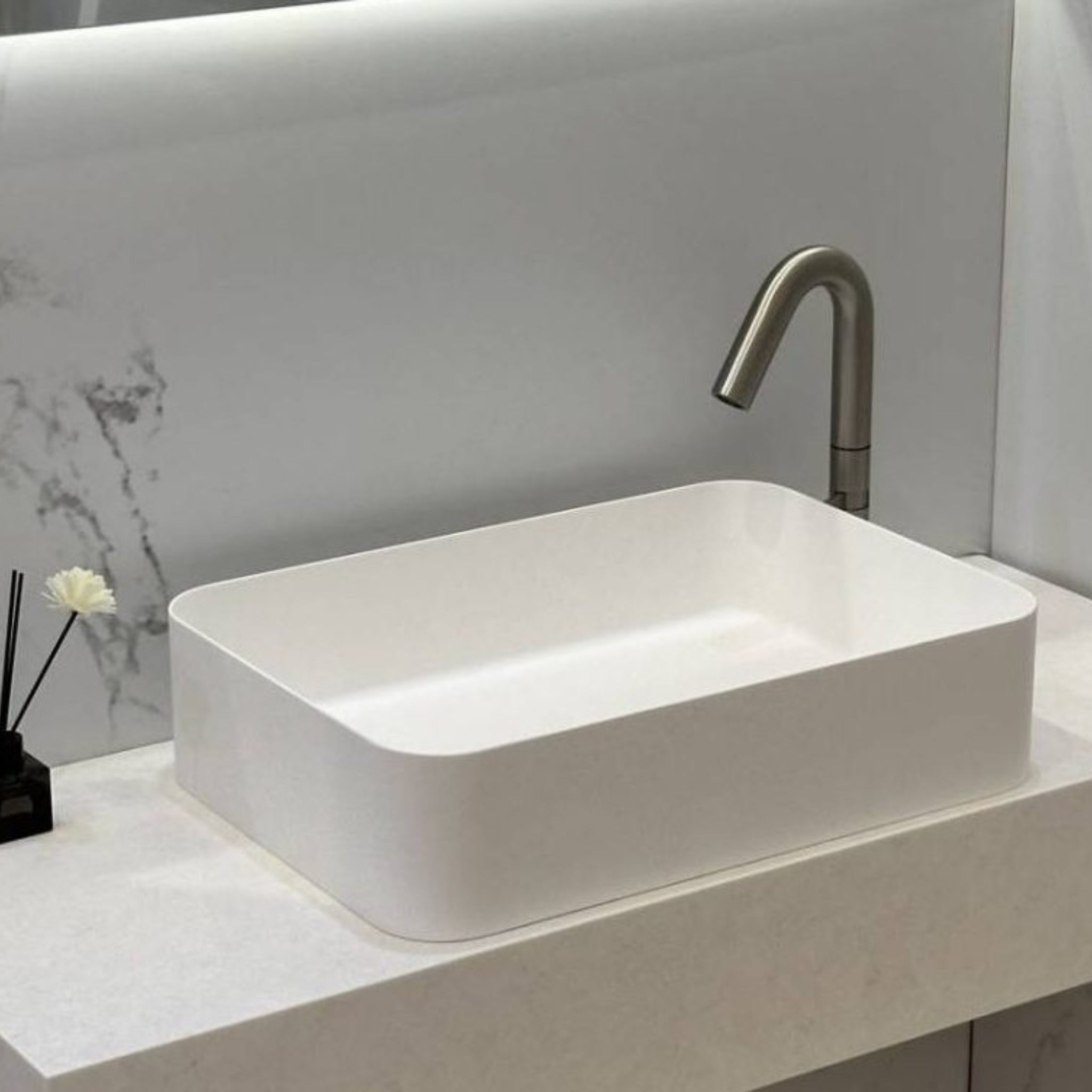 KASKADE VXA25 RECTANGULAR ABOVE COUNTER STONE BASIN MATTE WHITE 500MM