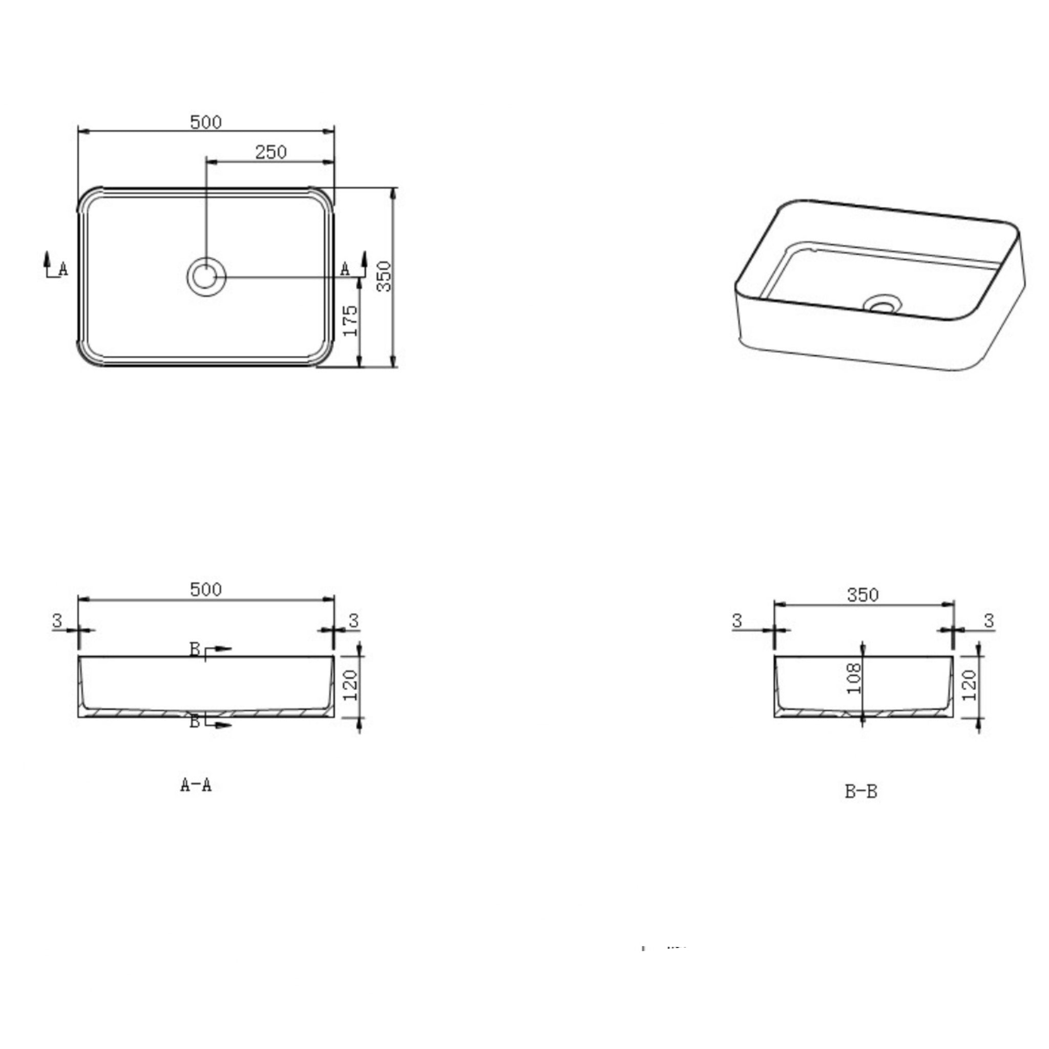 KASKADE VXA25 RECTANGULAR ABOVE COUNTER STONE BASIN MATTE WHITE 500MM