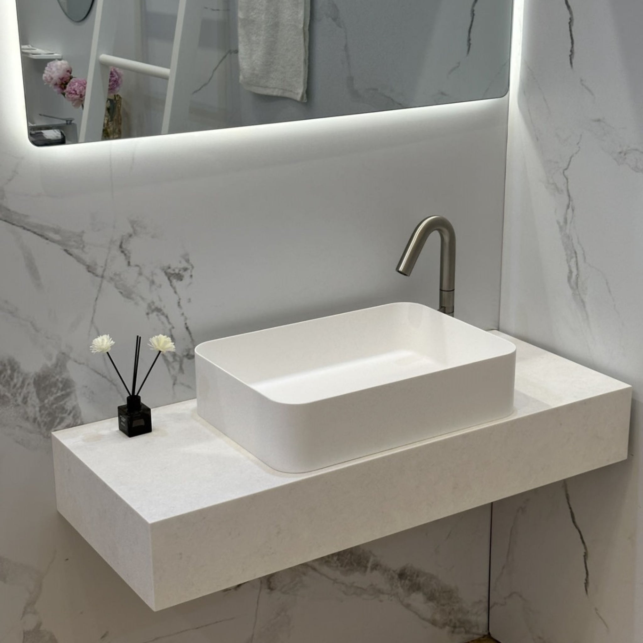 KASKADE VXA25 RECTANGULAR ABOVE COUNTER STONE BASIN MATTE WHITE 500MM