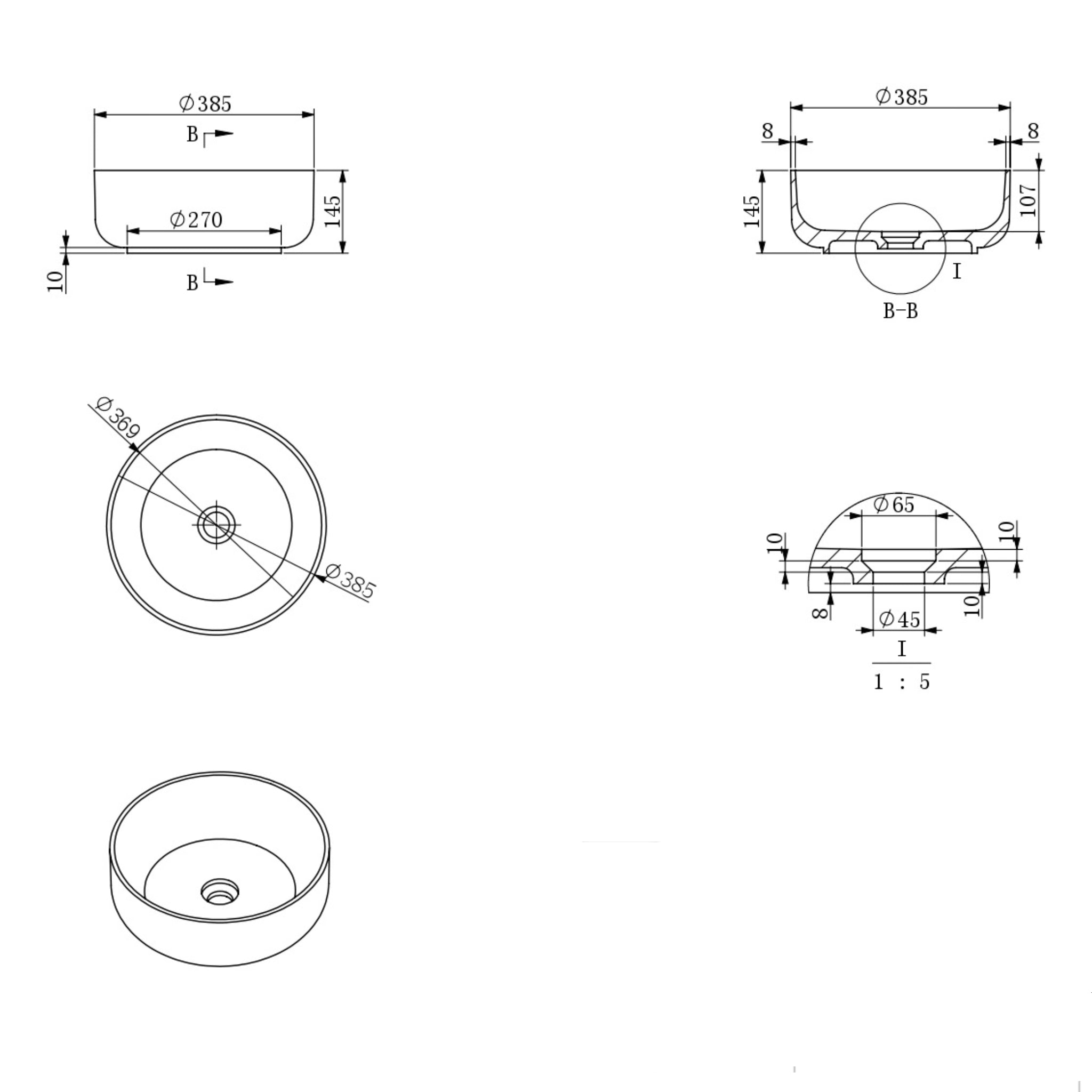 KASKADE KOLO VXA385 ROUND ABOVE COUNTER STONE BASIN MATTE WHITE 385MM