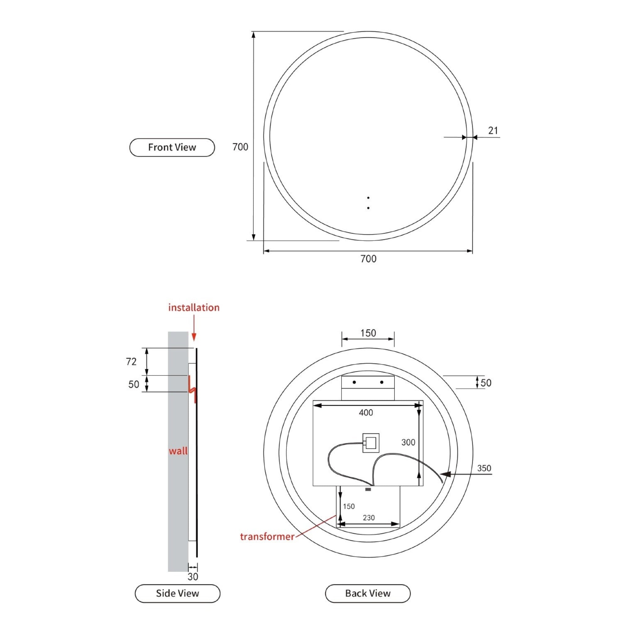 AULIC WINDSOR LED MIRROR FRAMELESS 3 COLOUR LIGHTS 700MM