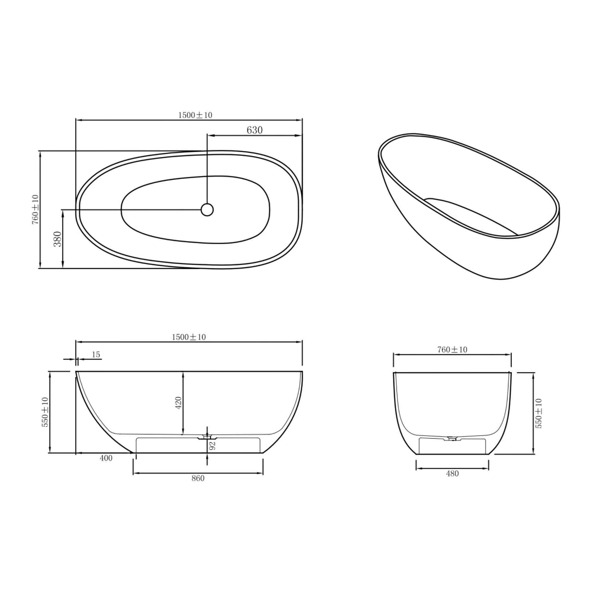 STONEHAVEN AURA FREESTANDING STONE BATHTUB MATTE WHITE 1500MM