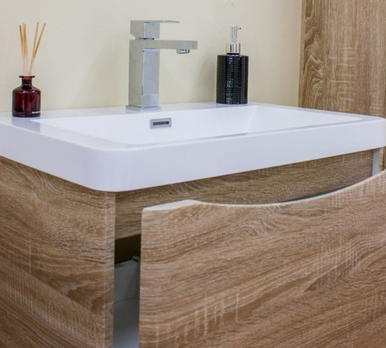 BEL BAGNO ANCONA WHITE OAK 600MM SINGLE BOWL WALL HUNG VANITY AND BASIN