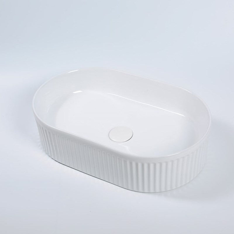 AQUAPERLA CERAMIC FLUTED ABOVE COUNTER BASIN GLOSS WHITE 490MM