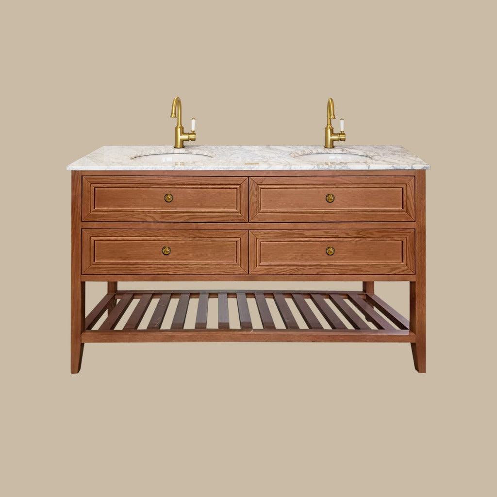 JOINERY BY BEARS AUDREY BROWN OAK 1500MM DOUBLE BOWL FREESTANDING VANITY PACKAGE