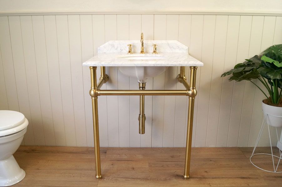 TURNER HASTINGS MAYER BASIN STAND WITH REAL CARRARA MARBLE TOP BRUSHED BRASS 750MM