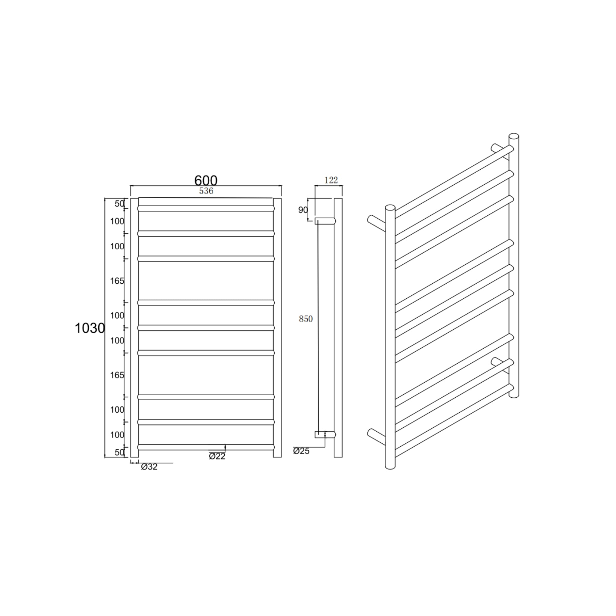 AQUAPERLA 9-BAR ROUND LADDER HEATED TOWEL RAIL 1030MM BLACK