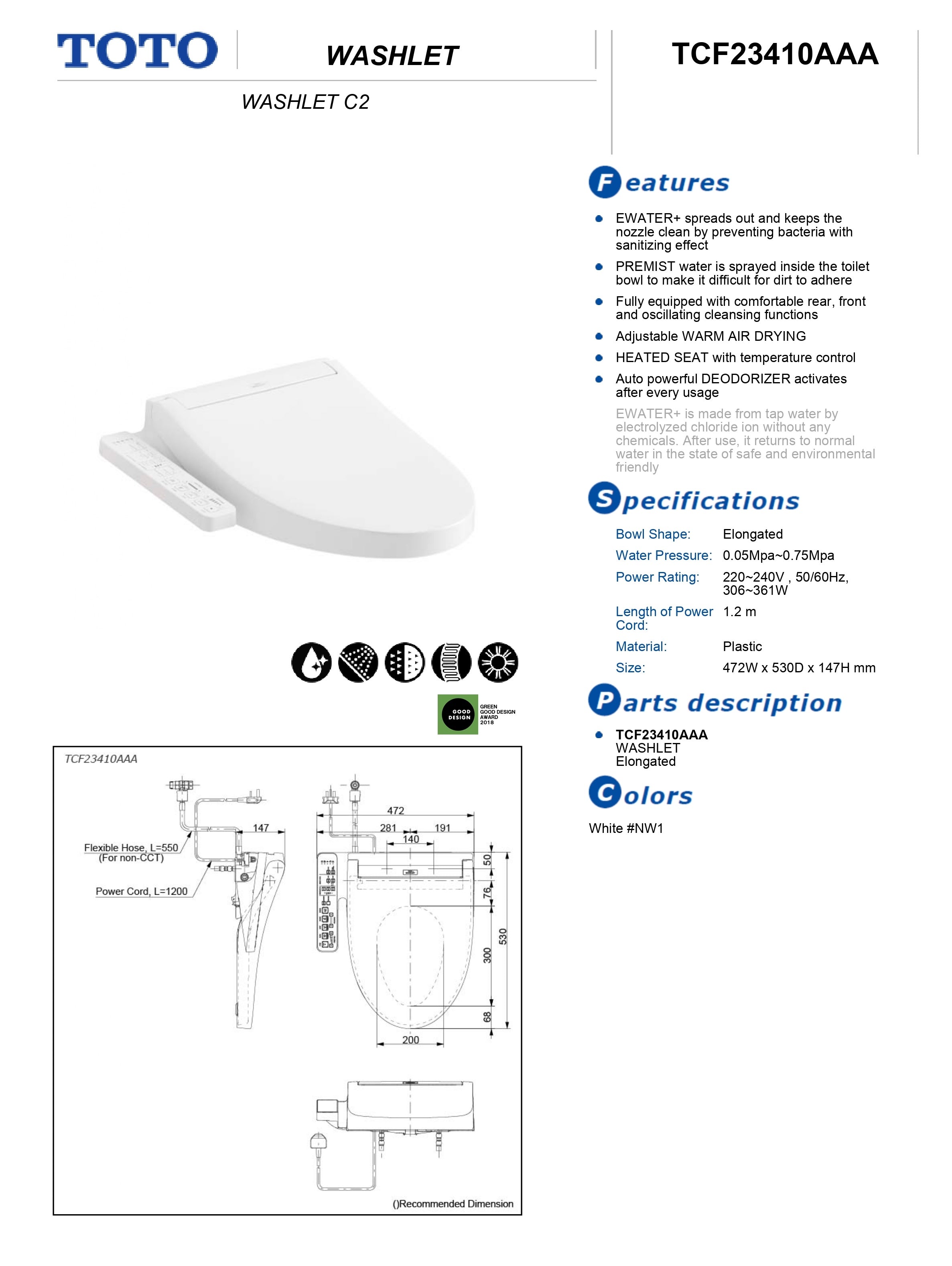 TOTO C2 WASHLET W/ SIDE CONTROL ELONGATED GLOSS WHITE