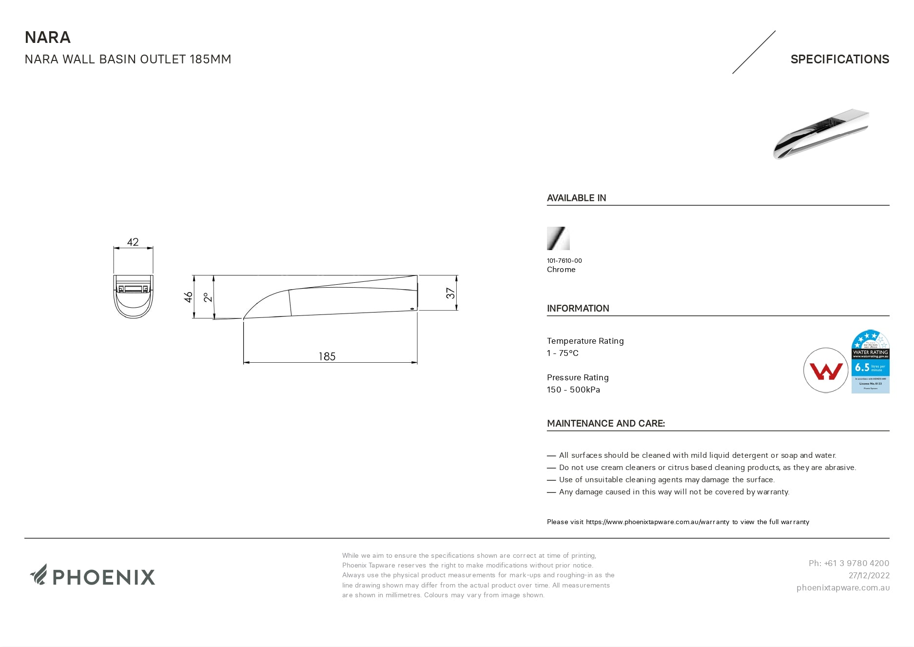 PHOENIX NARA WALL BASIN OUTLET 185MM CHROME