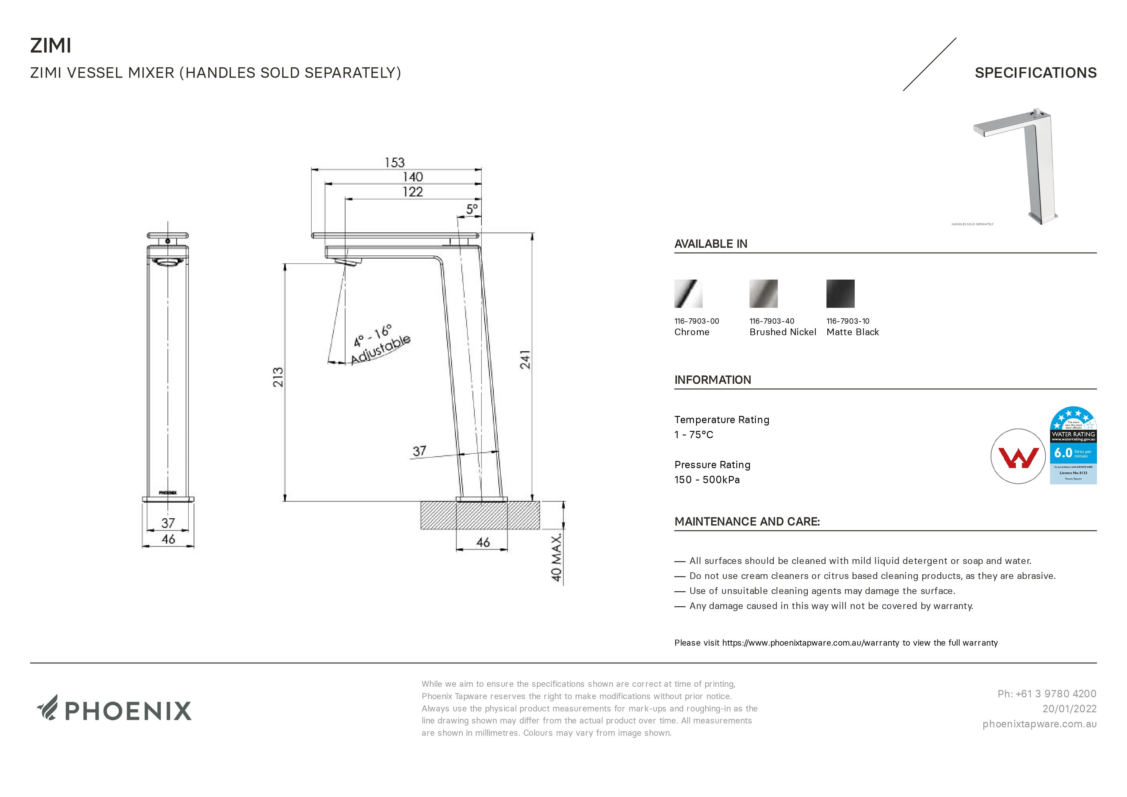 PHOENIX ZIMI VESSEL MIXER 241MM CHROME