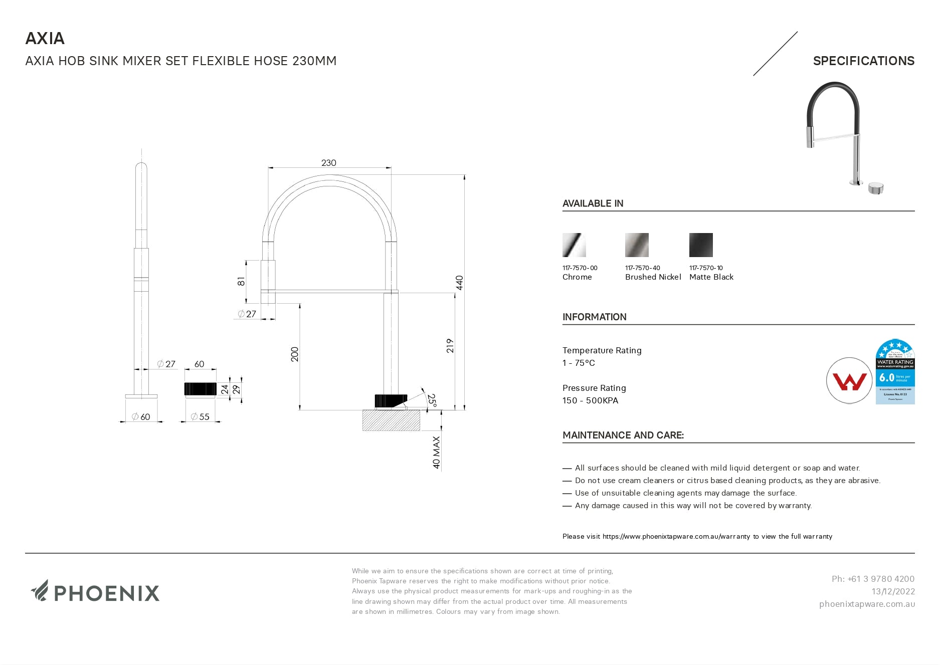 PHOENIX AXIA HOB SINK MIXER SET FLEXIBLE HOSE 440MM CHROME