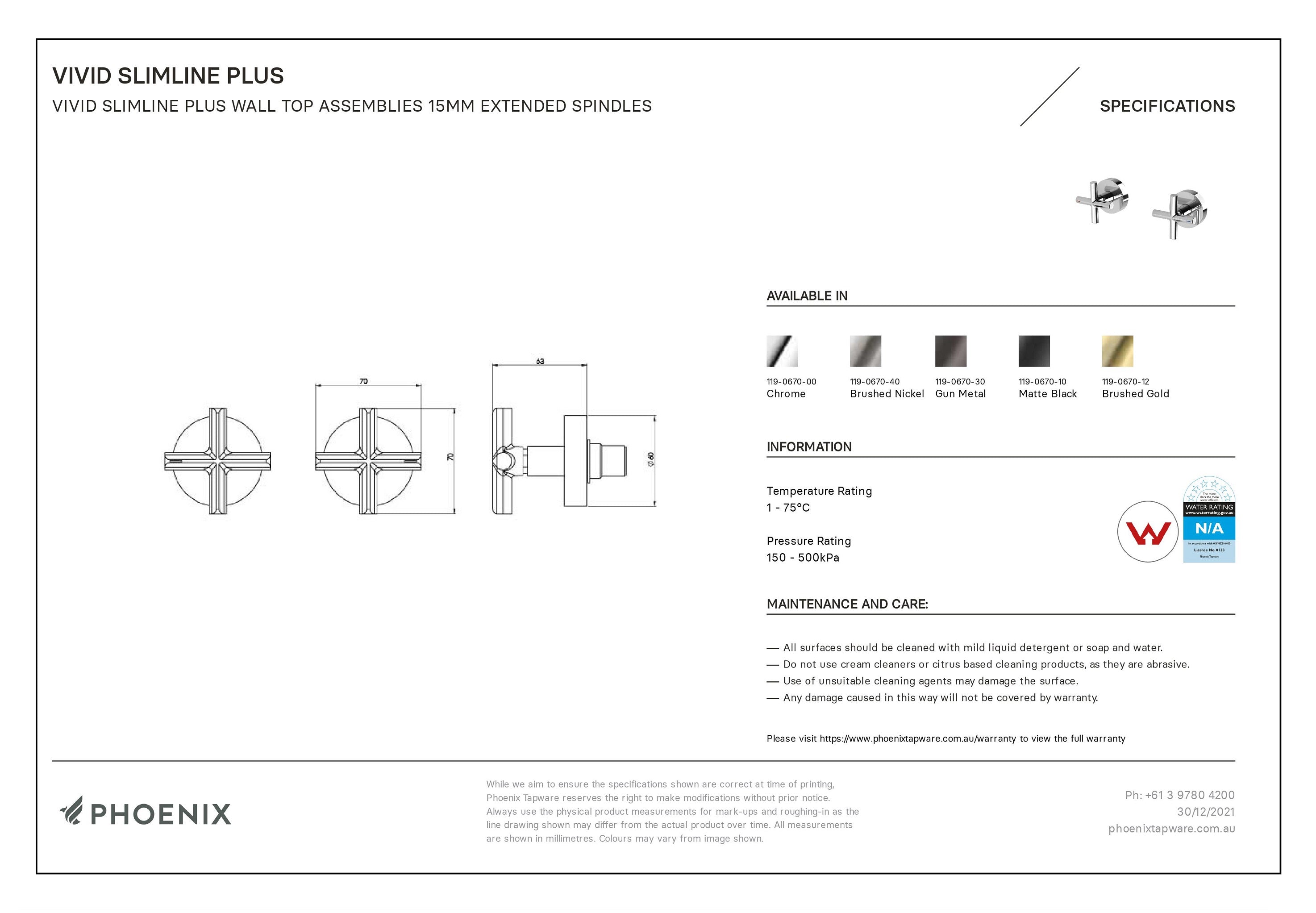 PHOENIX VIVID SLIMLINE PLUS WALL TOP ASSEMBLIES EXTENDED SPINDLES MATTE BLACK