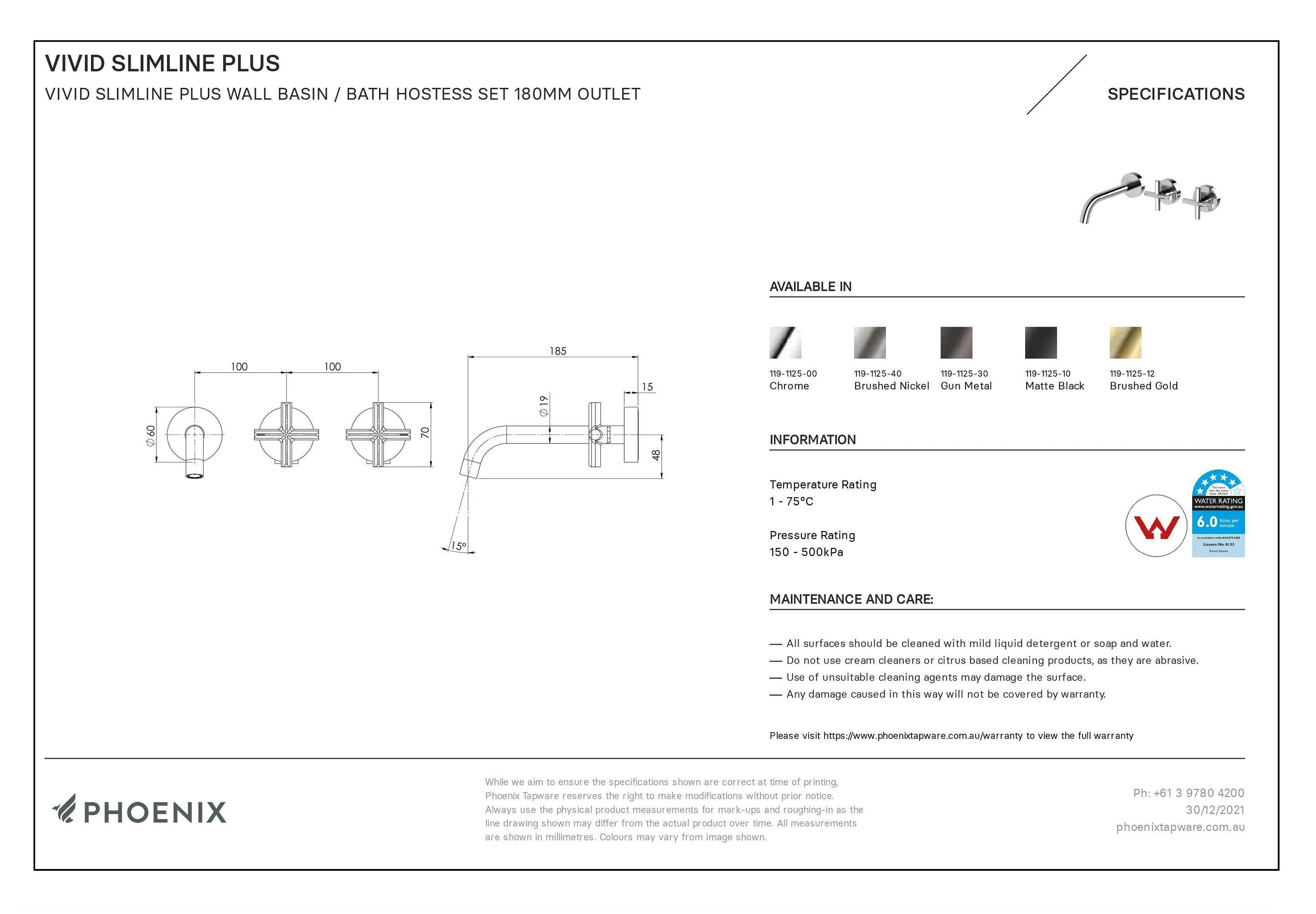 PHOENIX VIVID SLIMLINE PLUS WALL BASIN / BATH HOSTESS SET OUTLET 185MM CHROME