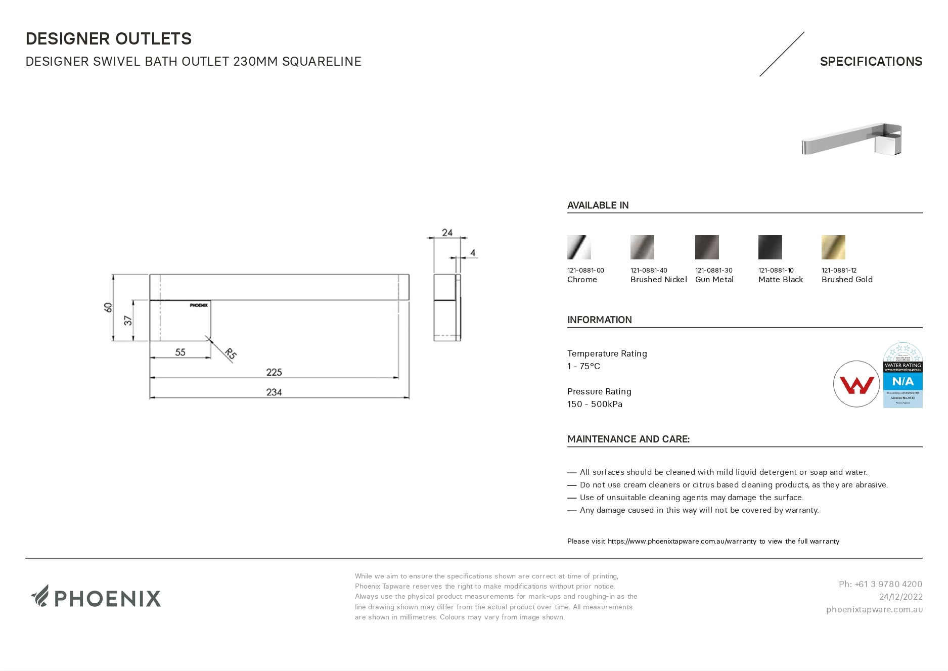 PHOENIX DESIGNER SWIVEL BATH OUTLET 234MM BRUSHED GOLD