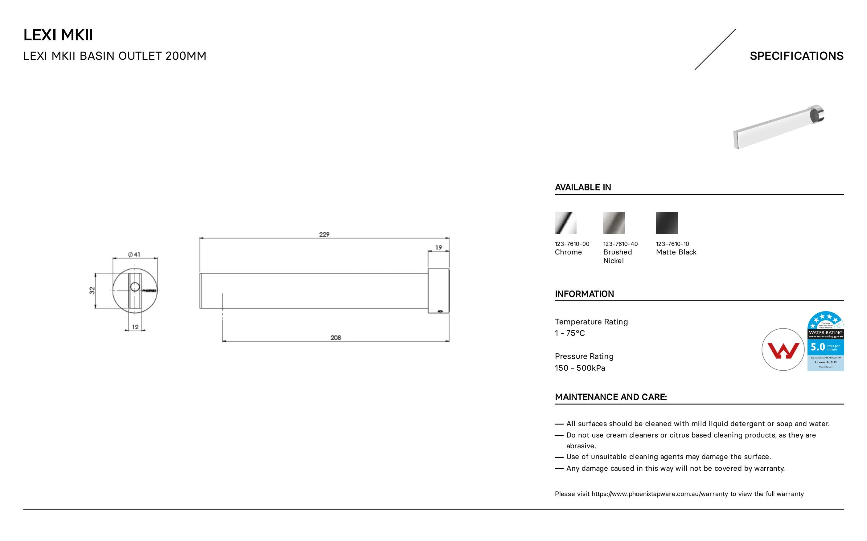 PHOENIX LEXI MKII BASIN OUTLET 200MM MATTE BLACK