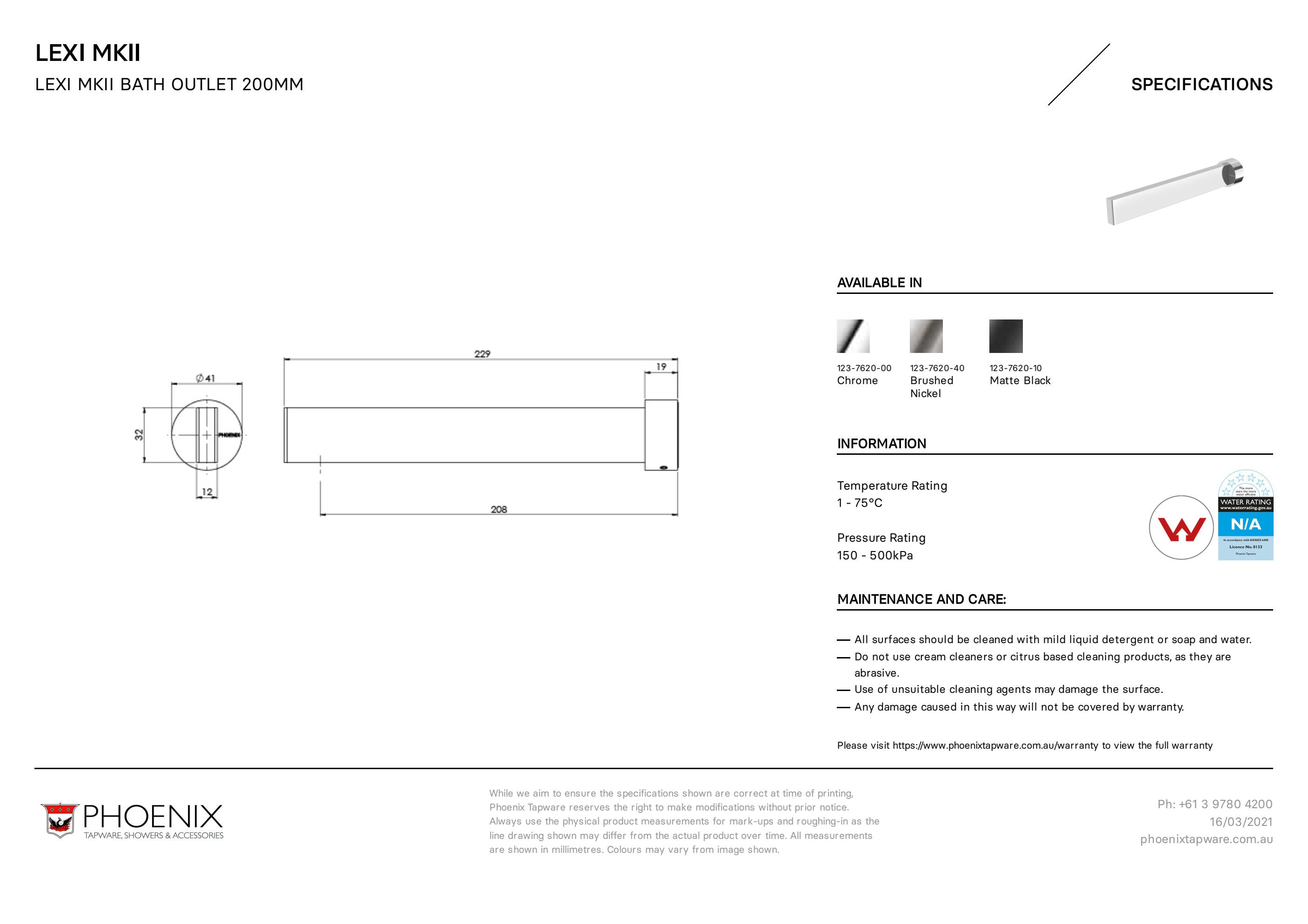 PHOENIX LEXI MKII BATH OUTLET 200MM MATTE BLACK