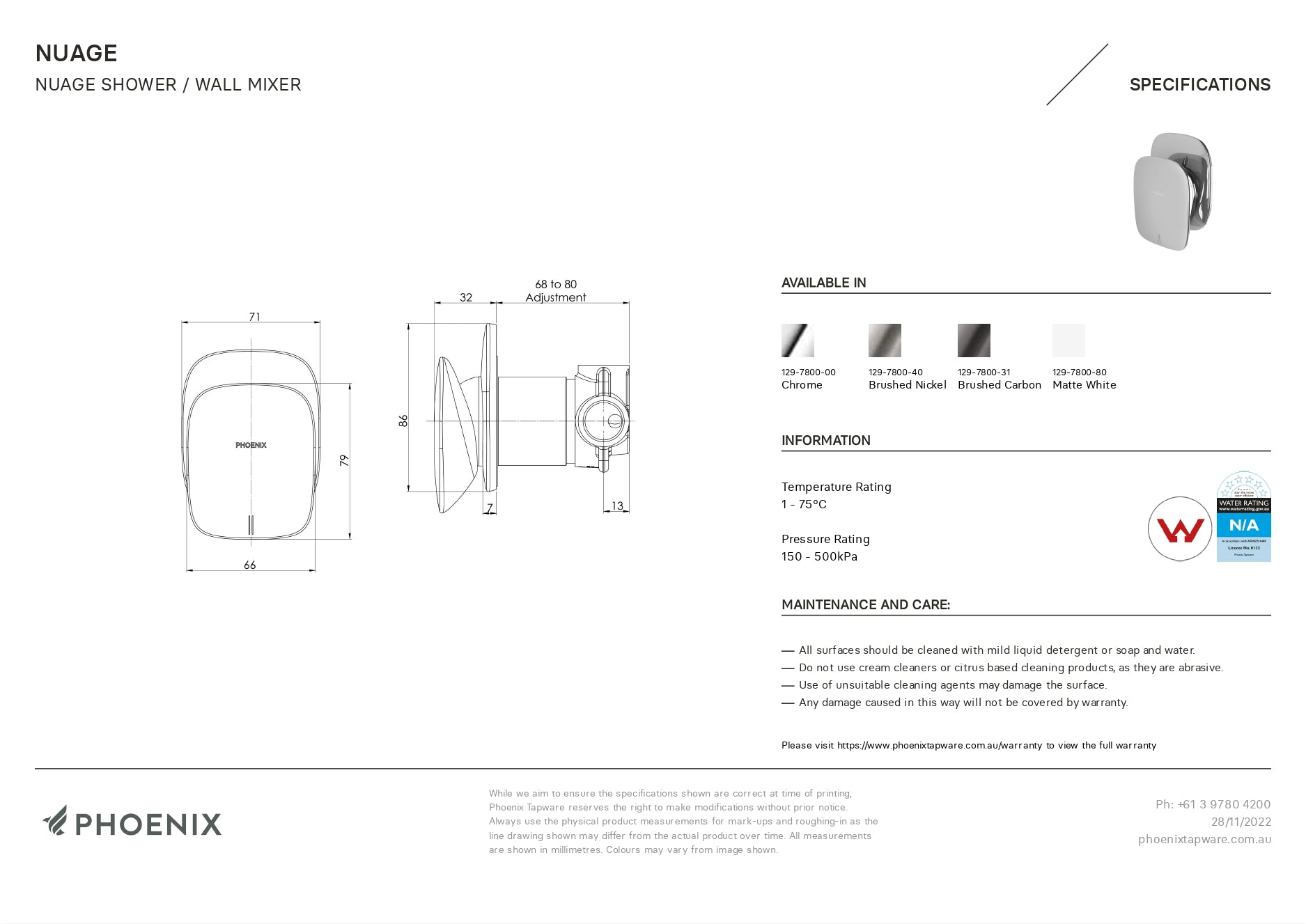 PHOENIX NUAGE SHOWER WALL MIXER BRUSHED CARBON