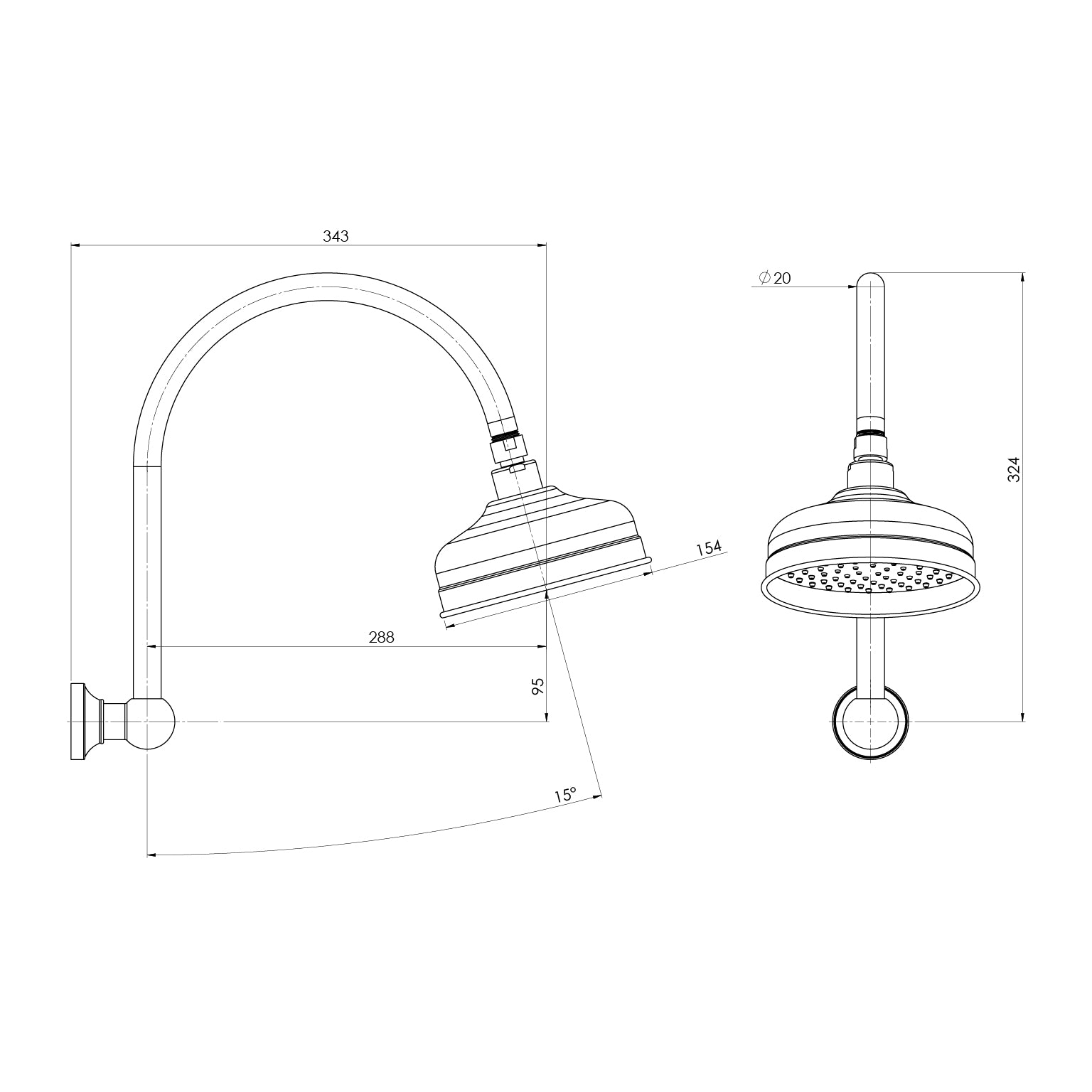 PHOENIX CROMFORD HIGH-RISE SHOWER ARM AND ROSE CHROME 150MM