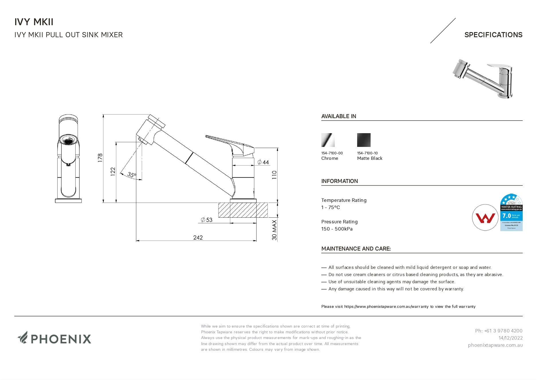 PHOENIX IVY MKII PULL OUT SINK MIXER 110MM CHROME