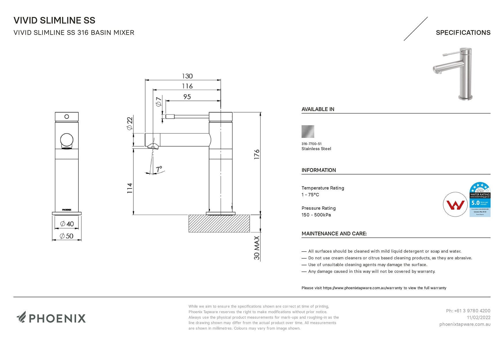 PHOENIX VIVID SLIMLINE SS 316 BASIN MIXER STAINLESS STEEL