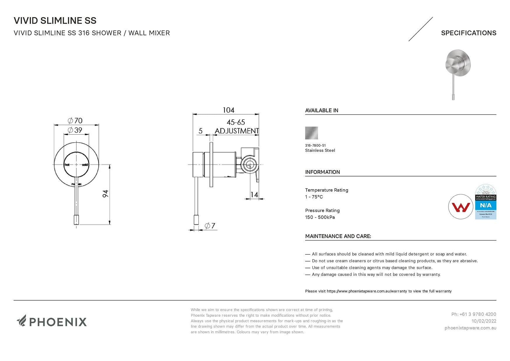 PHOENIX VIVID SLIMLINE SS 316 SHOWER / WALL MIXER STAINLESS STEEL