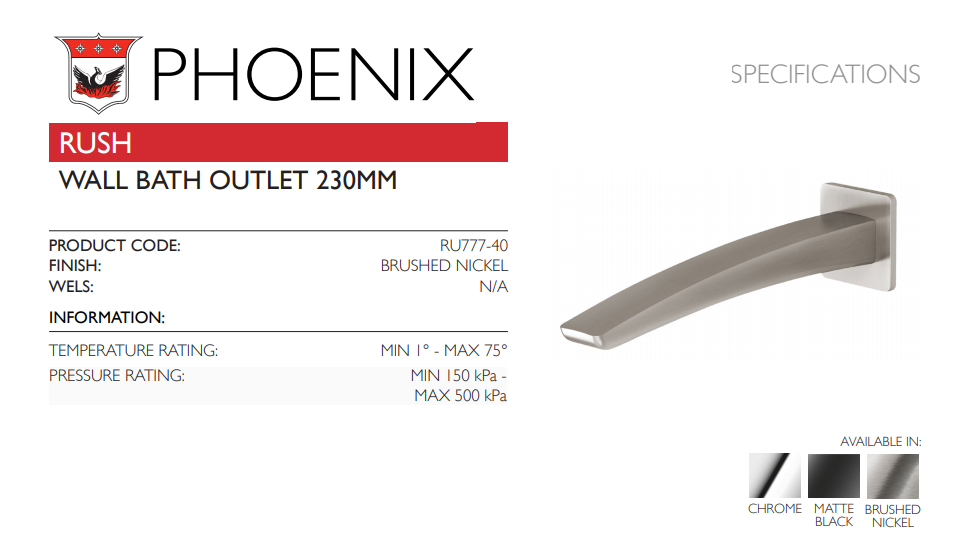 PHOENIX RUSH WALL BATH OUTLET 230MM BRUSHED NICKEL