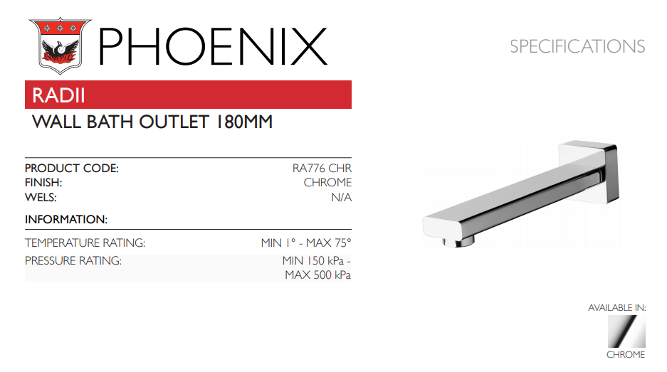 PHOENIX RADII WALL BATH OUTLET 180MM CHROME