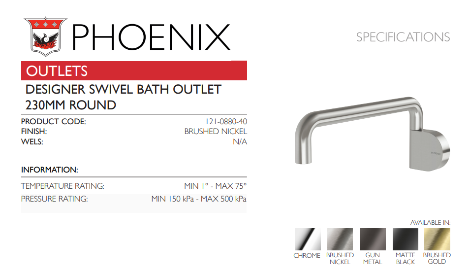 PHOENIX DESIGNER SWIVEL BATH OUTLET BRUSHED NICKEL