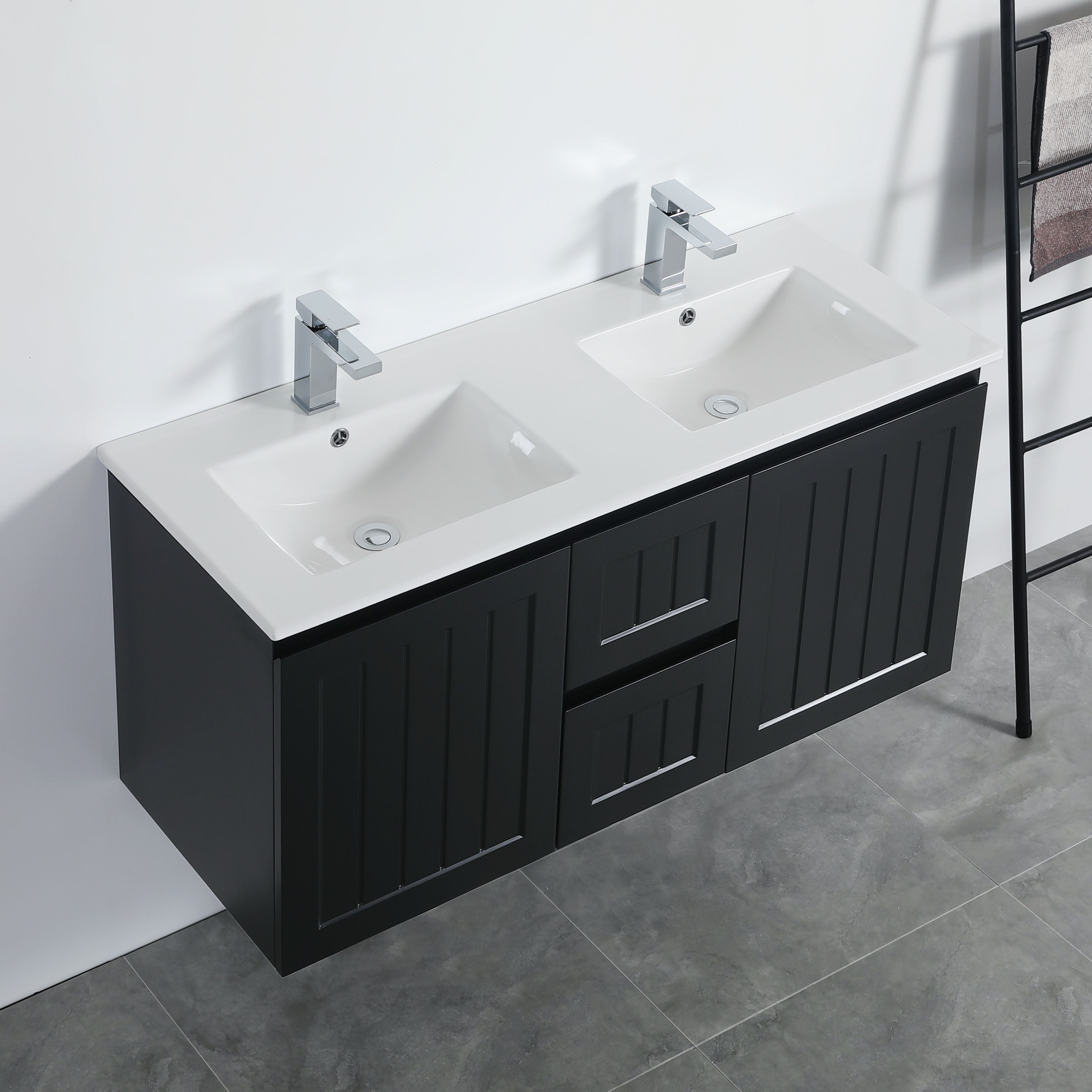 CETO ACACIA SHAKER MATTE BLACK 1200MM DOUBLE BOWL WALL HUNG VANITY