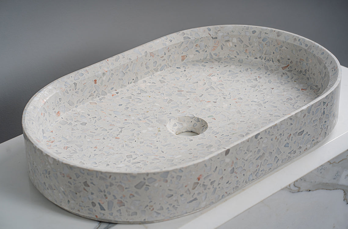 GALLARIA DIAL OUT MERRAZZO OVAL ABOVE COUNTER STONE BASIN SNEAKY PEACH 600MM