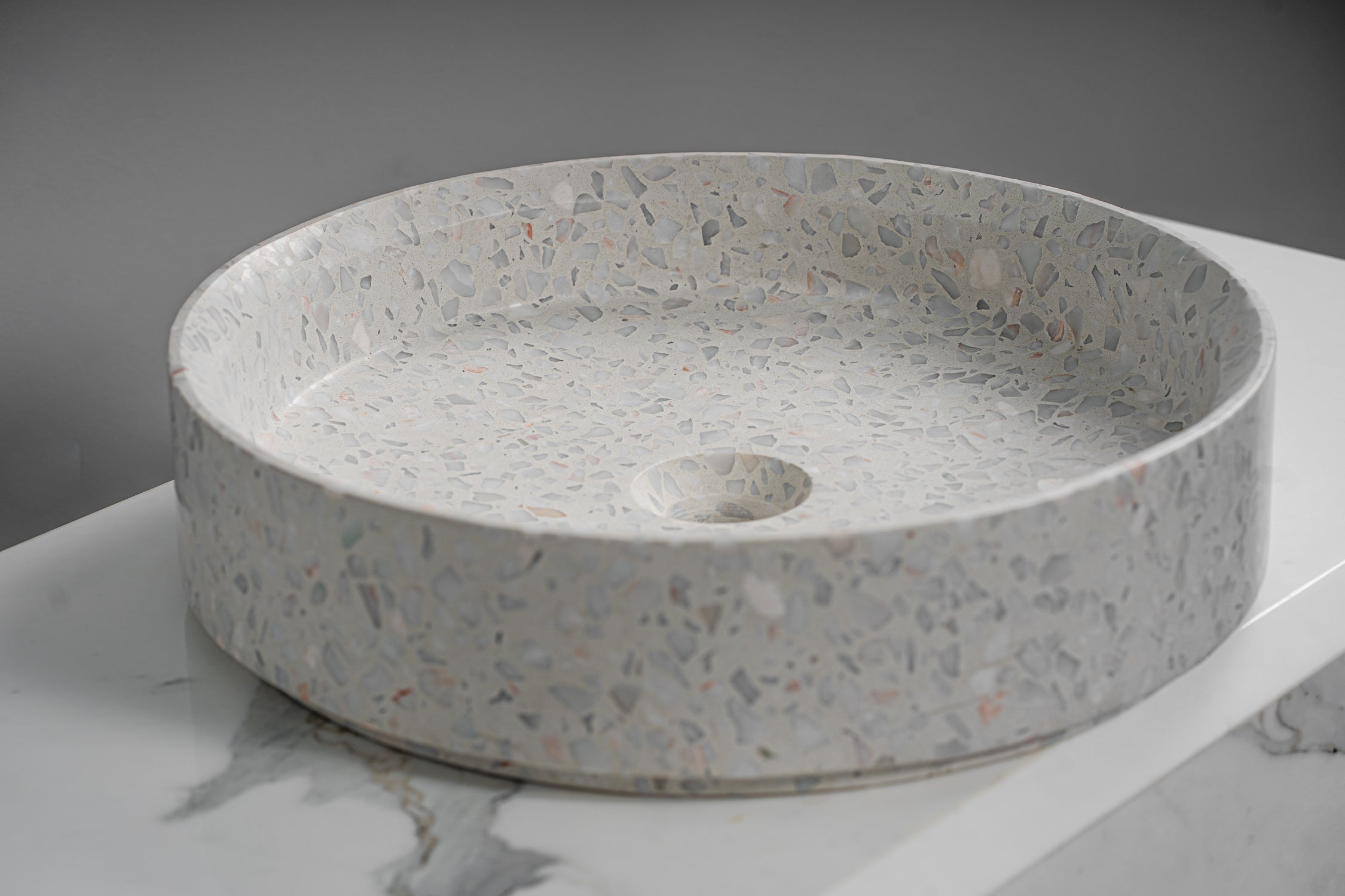 GALLARIA DIAL UP MERRAZZO ROUND ABOVE COUNTER STONE BASIN SNEAKY PEACH 400MM