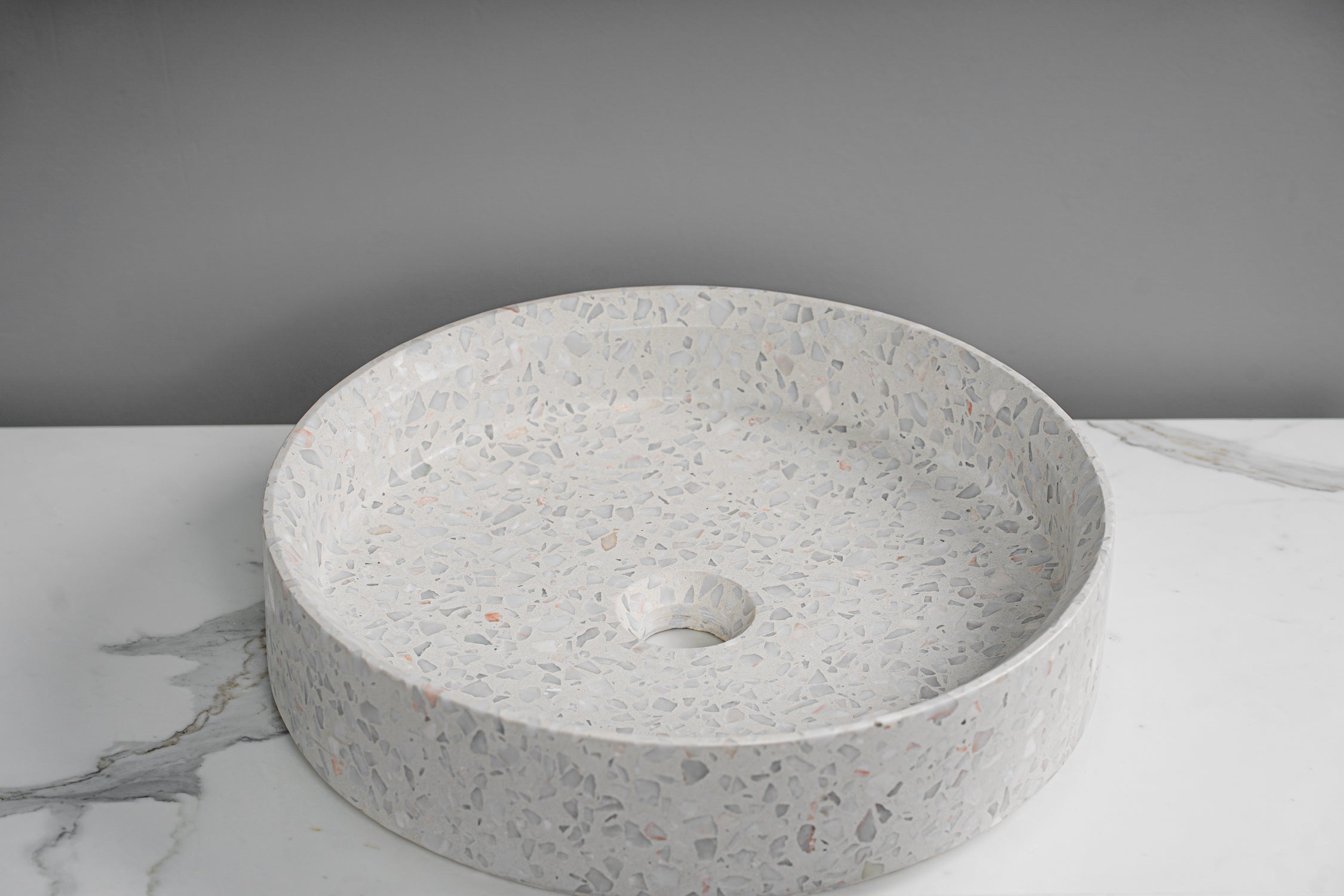 GALLARIA DIAL UP MERRAZZO ROUND ABOVE COUNTER STONE BASIN SNEAKY PEACH 400MM