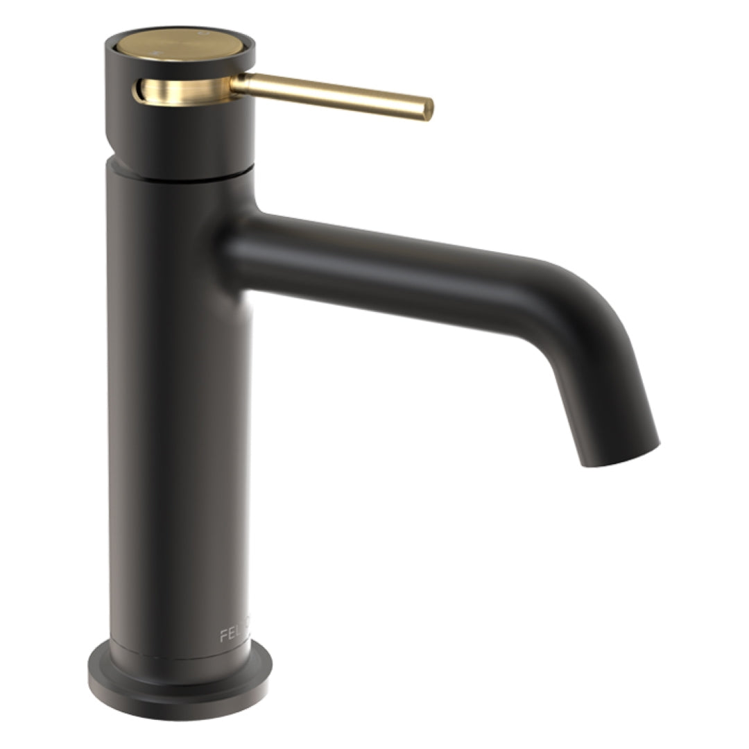 FELTON TATE BASIN MIXER 177MM BLACK AND BRUSHED GOLD