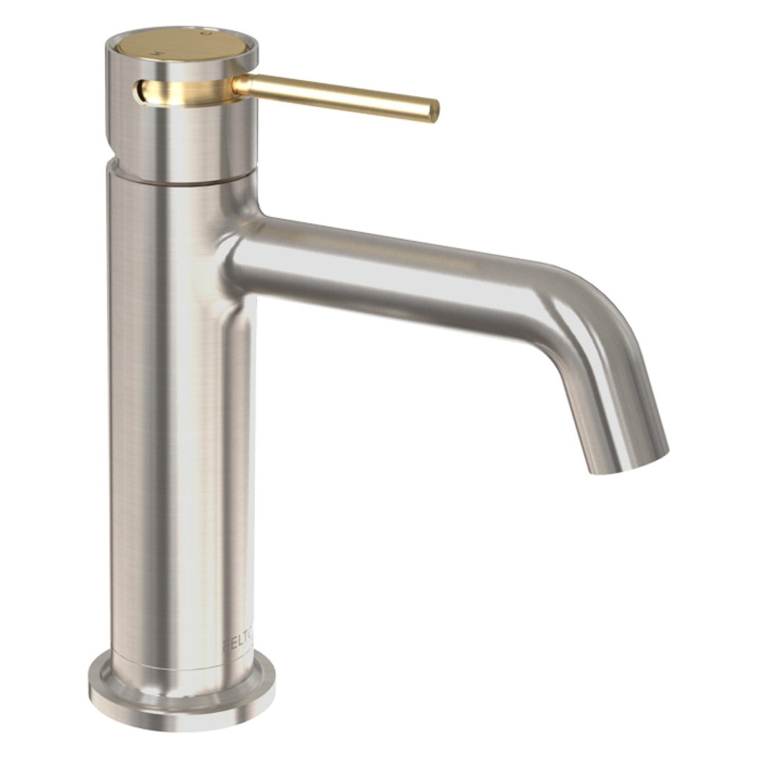 FELTON TATE BASIN MIXER 177MM BRUSHED NICKEL AND BRUSHED GOLD