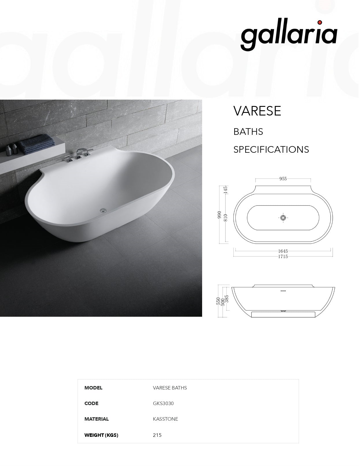 GALLARIA VARESE BACK TO WALL STONE BATHTUB WHITE 1715MM